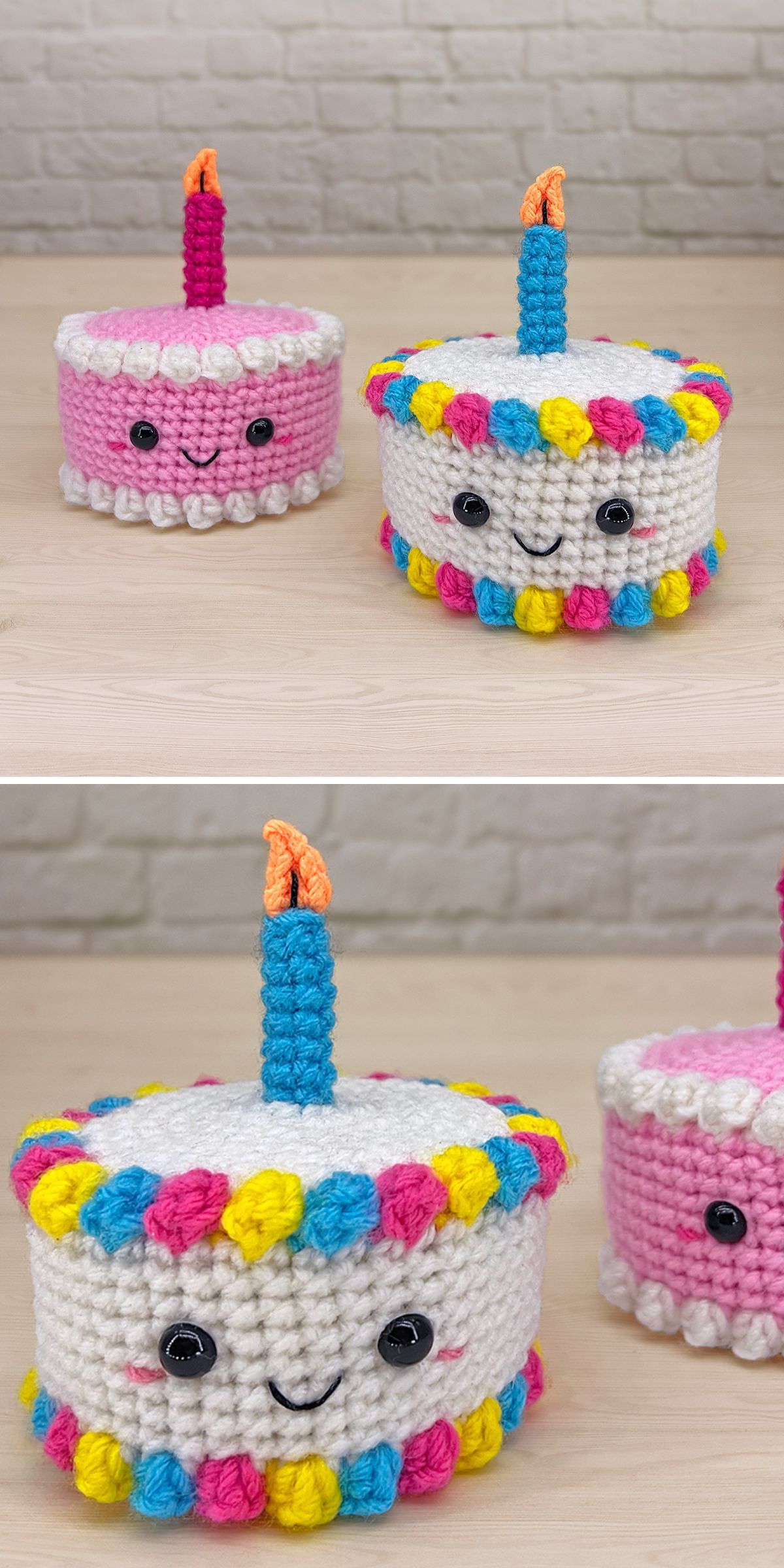 Crocheted birthday cakes with whimsical faces and colorful accents resemble delightful crochet food creations, complete with charming candle toppers perched on a rustic wooden surface.