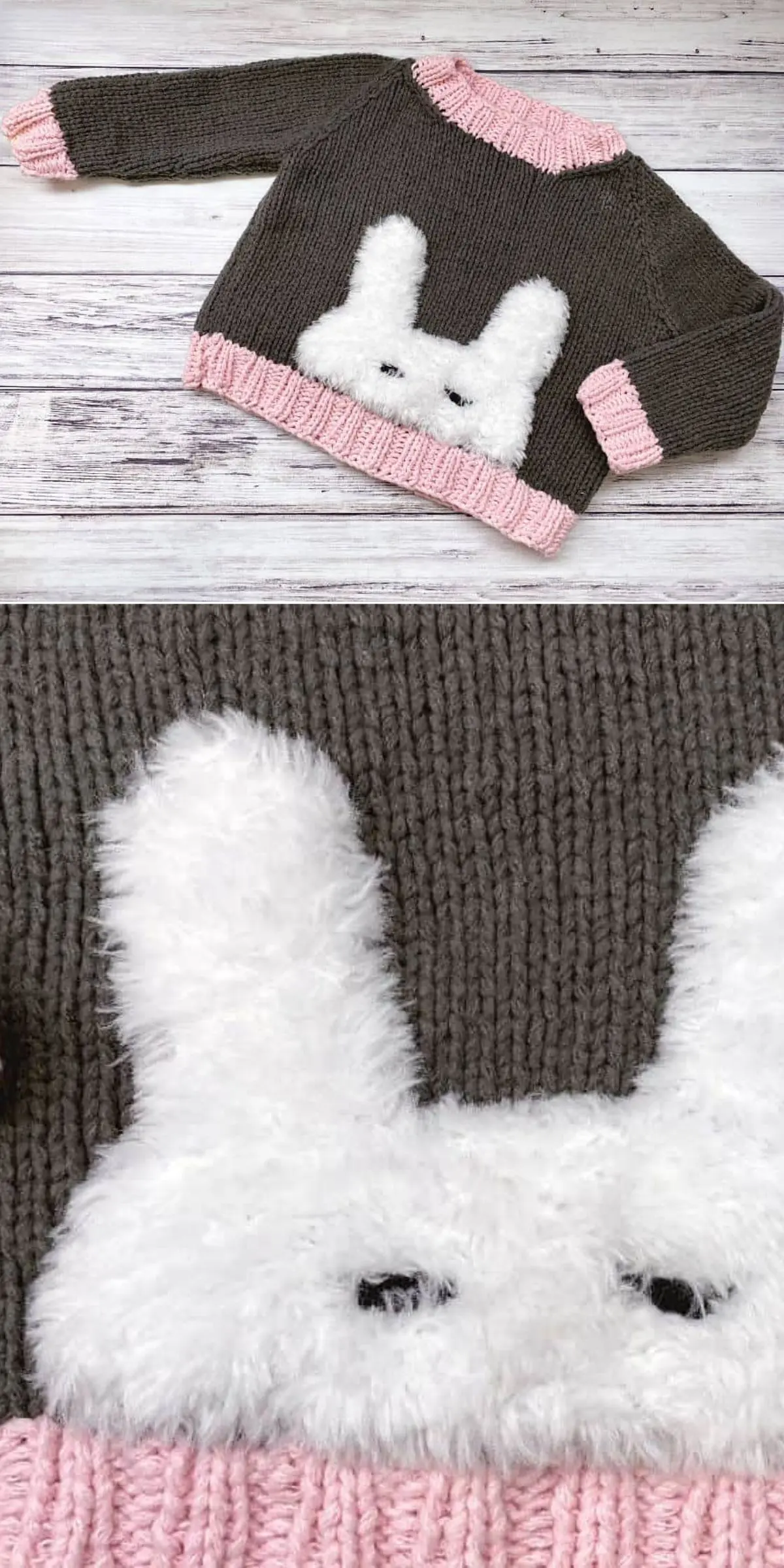 Displayed on a wooden surface, this delightful brown and pink knitted baby sweater features a charming white fluffy rabbit face design on the front.