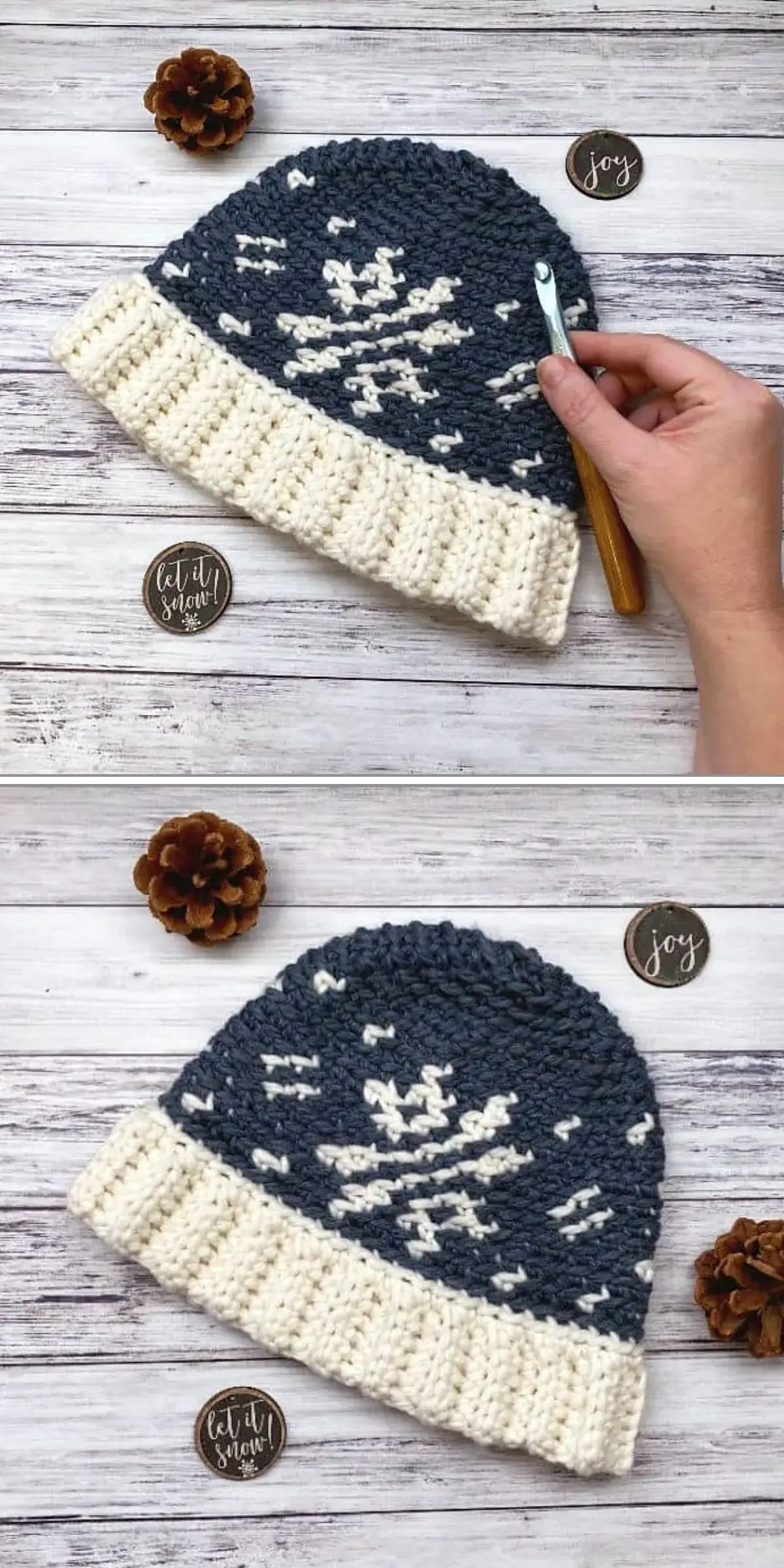 Two images showcase a crochet hat featuring a navy and white beanie with a snowflake design.