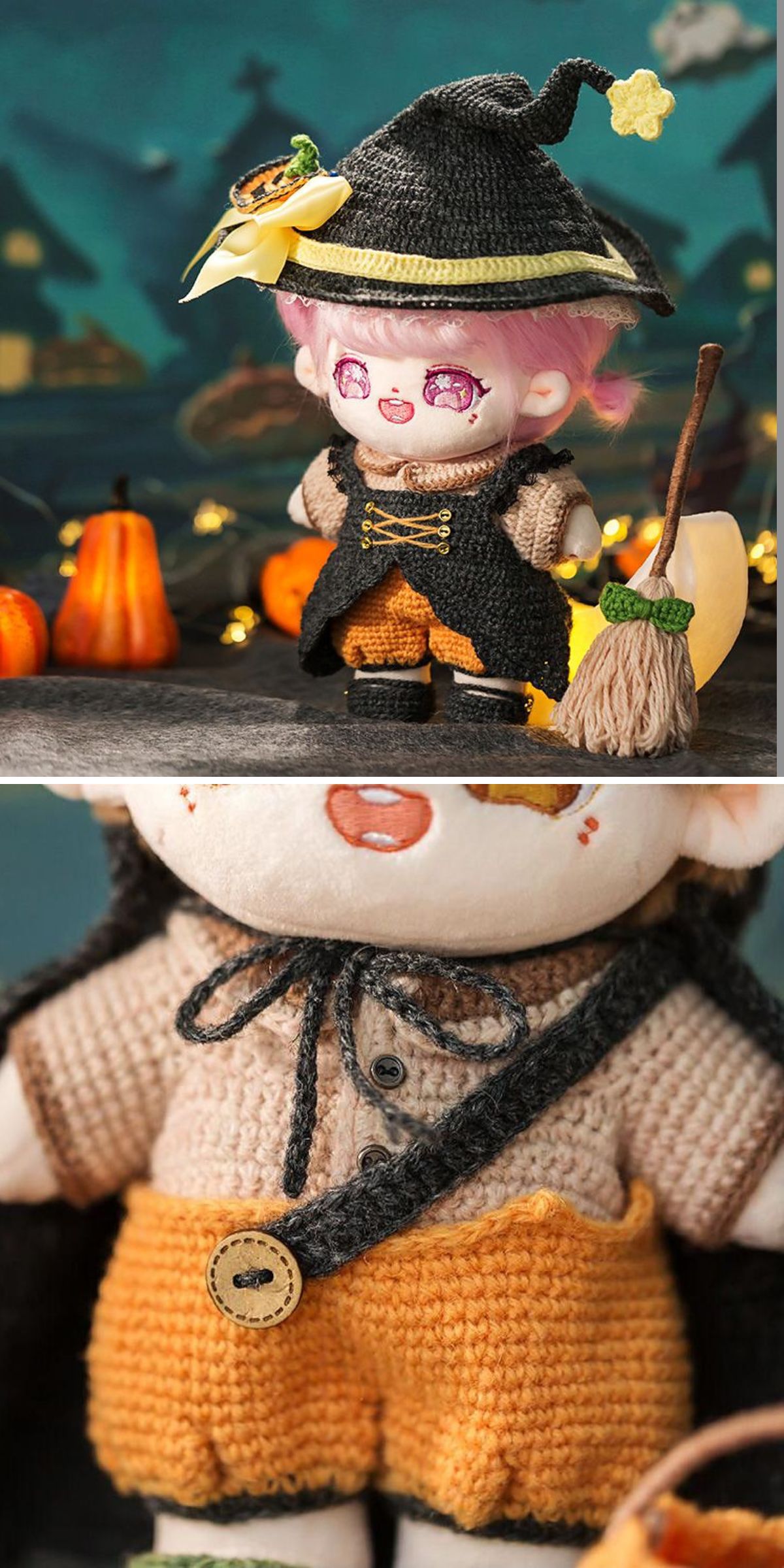 A crochet doll dressed as a witch, complete with crochet doll clothes featuring a pointed hat, black cape, and orange shorts, stands surrounded by small pumpkins and decorative lights.