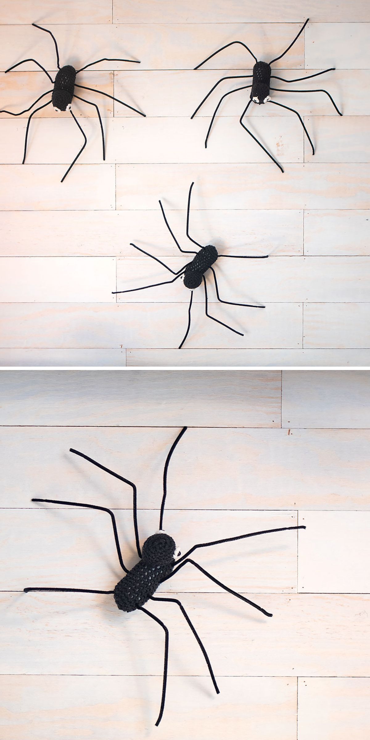Four black pipe cleaner spiders rest on a light wooden surface, perfectly complementing a nearby crochet wall hanging.
