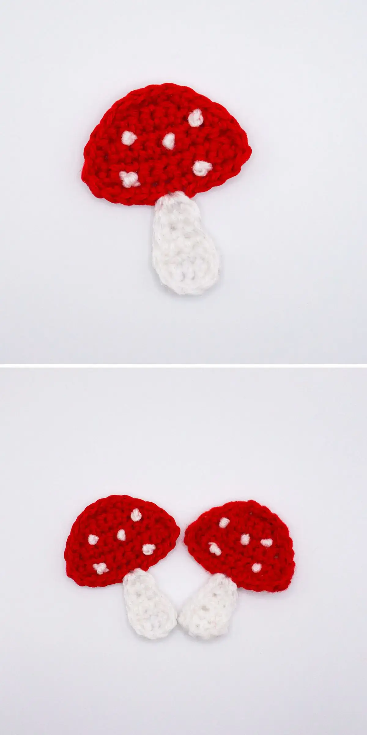 Two charming crochet mushrooms, featuring vibrant red caps, white stems, and delicate spots. The bottom image reveals them artistically split in half.