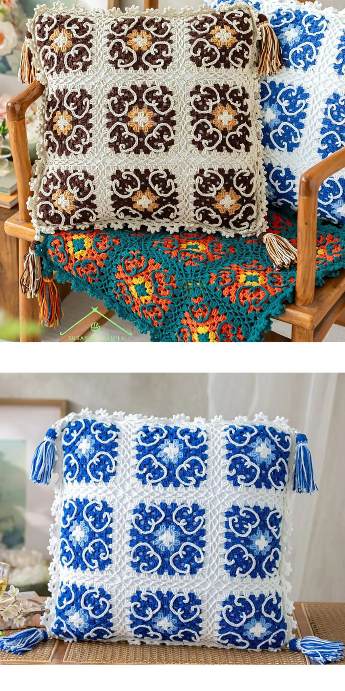 Two crochet throw pillows on a chair add a touch of charm. The geometric top pillow is brown and white with tassels, while the bottom pillow boasts a blue and white pattern. A colorful crochet blanket is draped over the chair's arm, enhancing the cozy vibe.