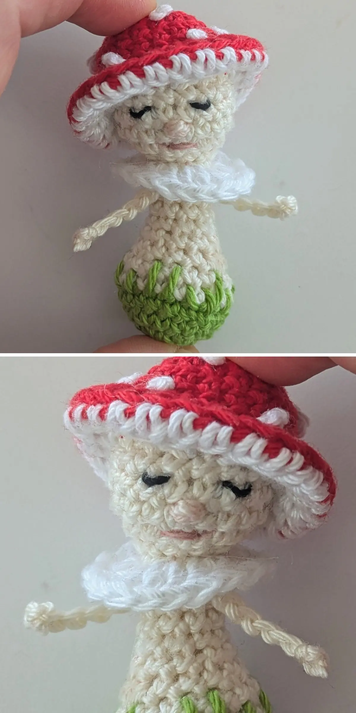 A charming crochet mushroom figure features a red cap adorned with white spots and a cheerful smile. Set on a green base, it's showcased in two views: a full body shot and a close-up of its endearing face.