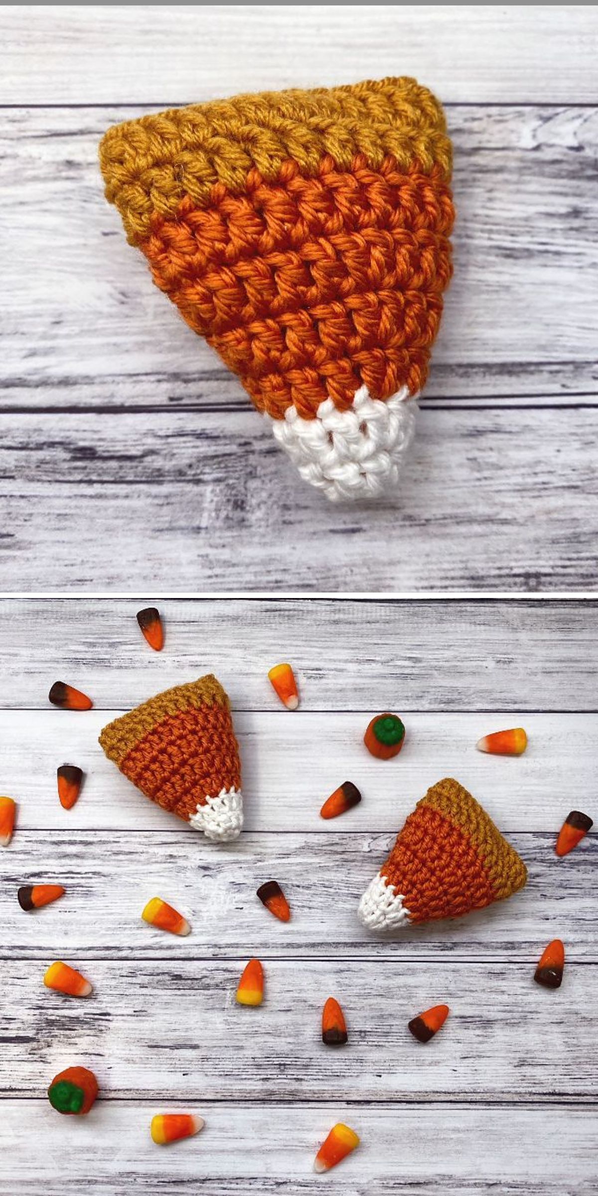 Crocheted candy corn and scattered pieces create a delightful display of crochet food artistry on a rustic wooden surface.