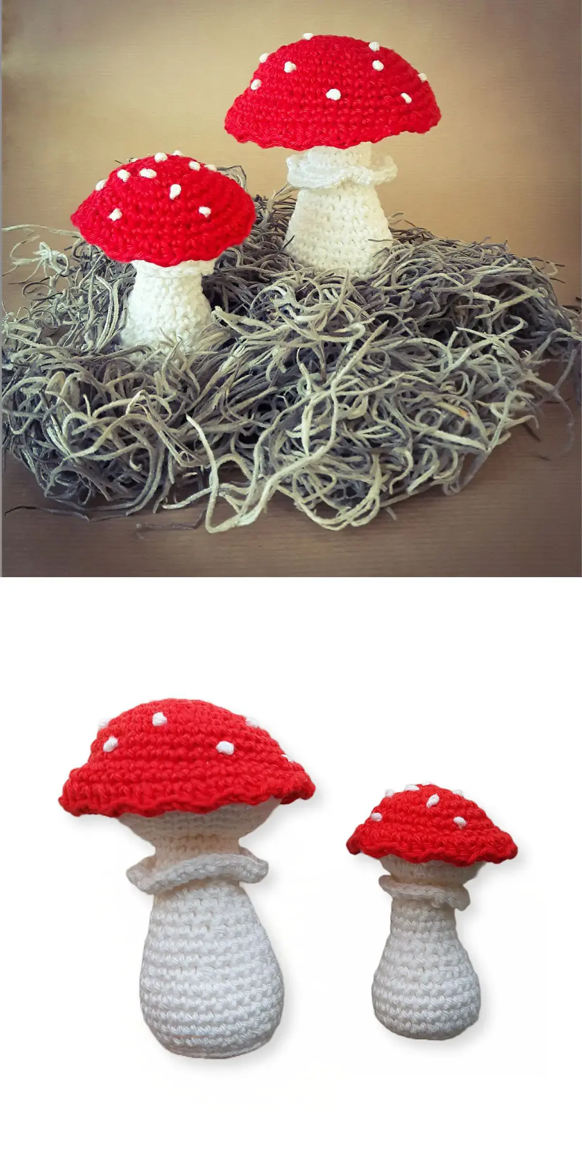 Two enchanting crochet mushrooms with red caps and white spots, nestled on a bed of faux moss.