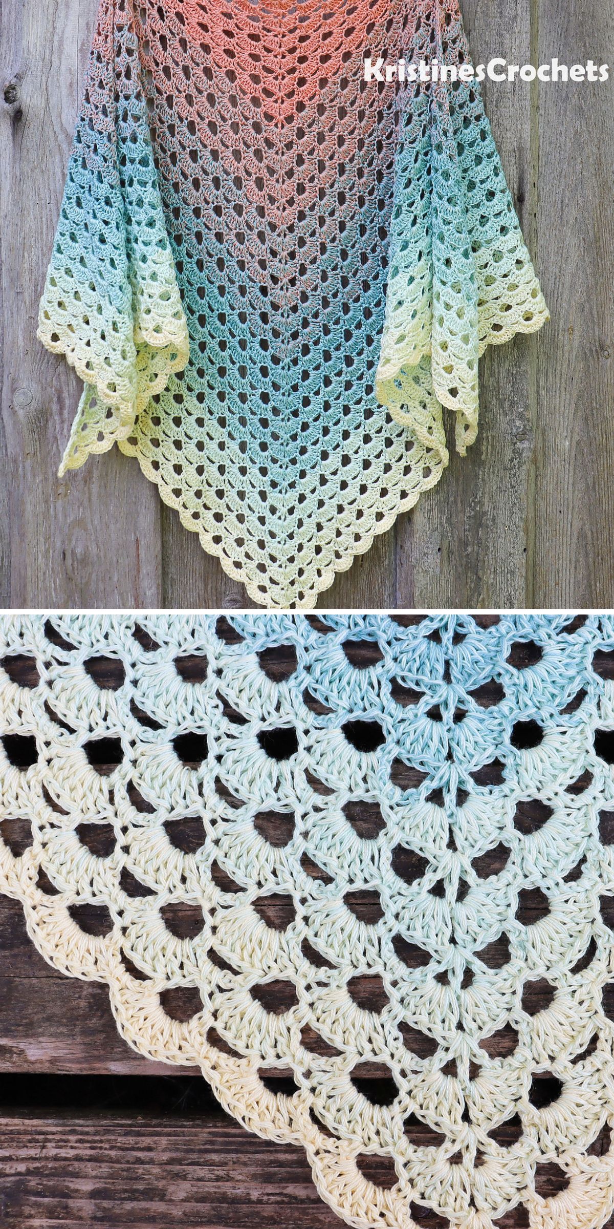 A crochet triangle shawl with a gradient pattern in shades of peach, green, and blue, displayed against a wooden background. Up close, the intricate lace detailing is reminiscent of what you'd find in a finely crafted crochet cowl.
