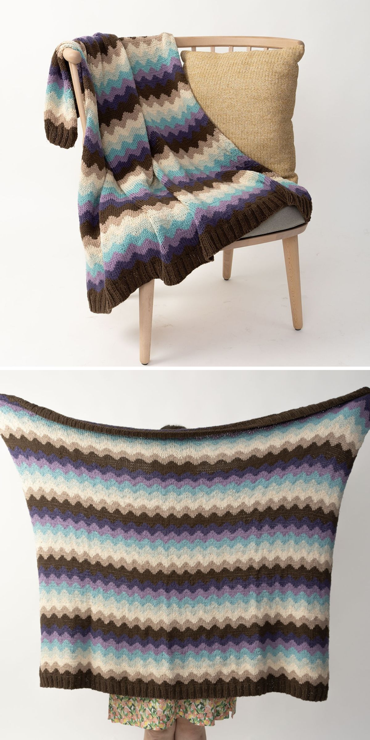 a knitted blanket with a striped wavy design 