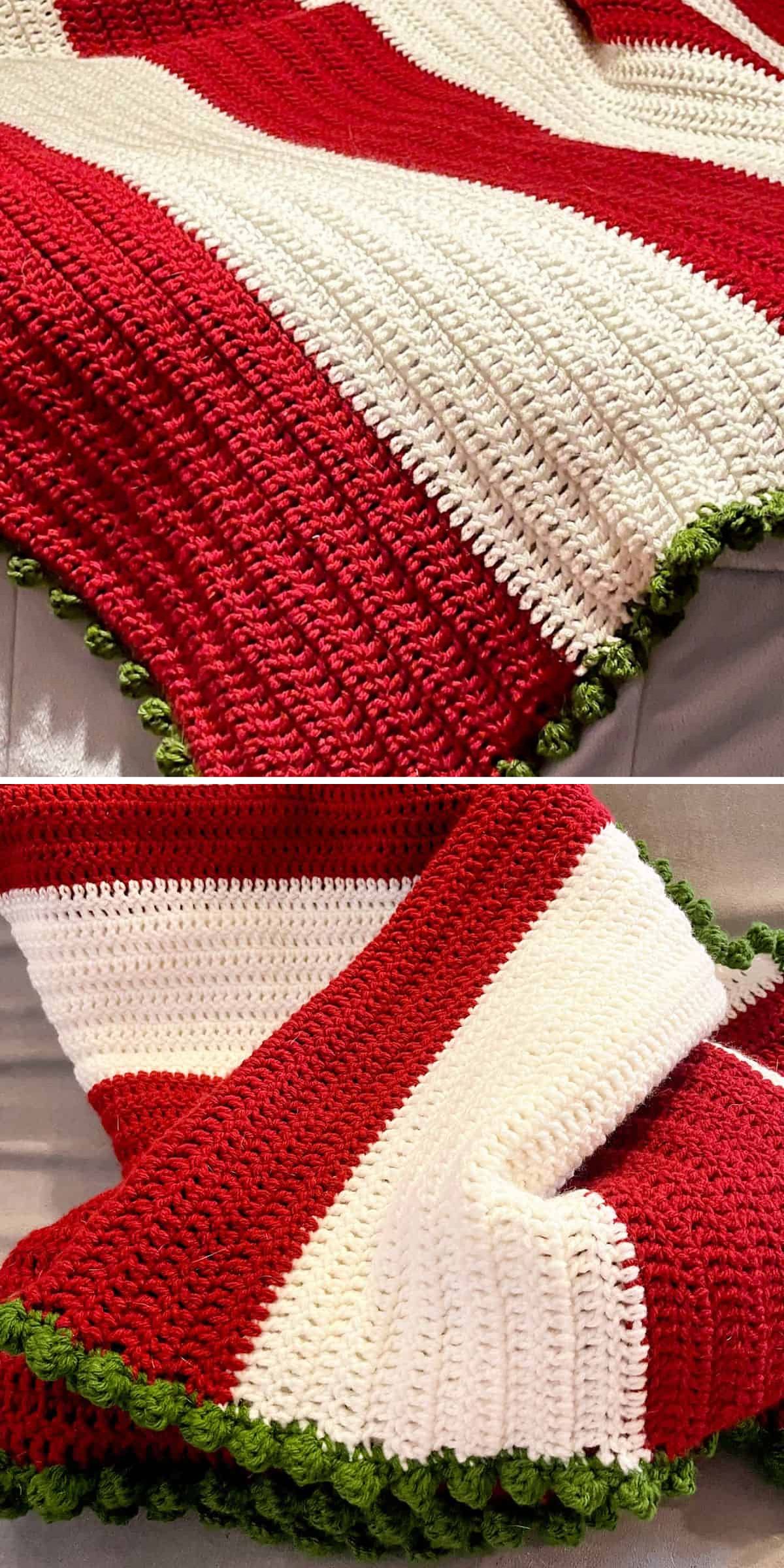 A cozy crochet blanket with wide red and white stripes and a green scalloped border, draped over a surface. Perfect for fans of handmade crochet blankets looking for Christmas gift handmade ideas.