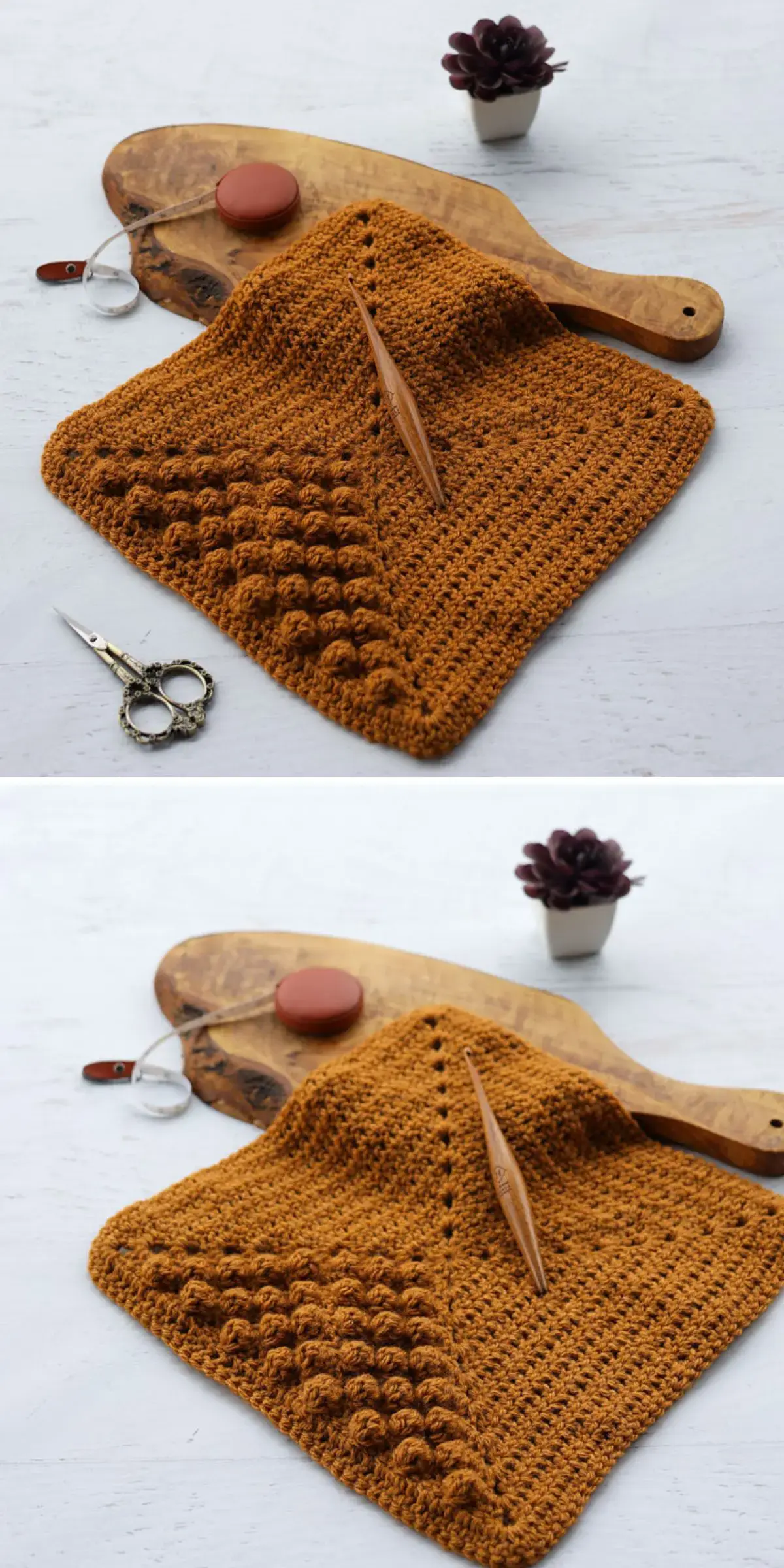 Two images of a textured brown crochet square with a wooden crochet hook, scissors, and a cutting board.