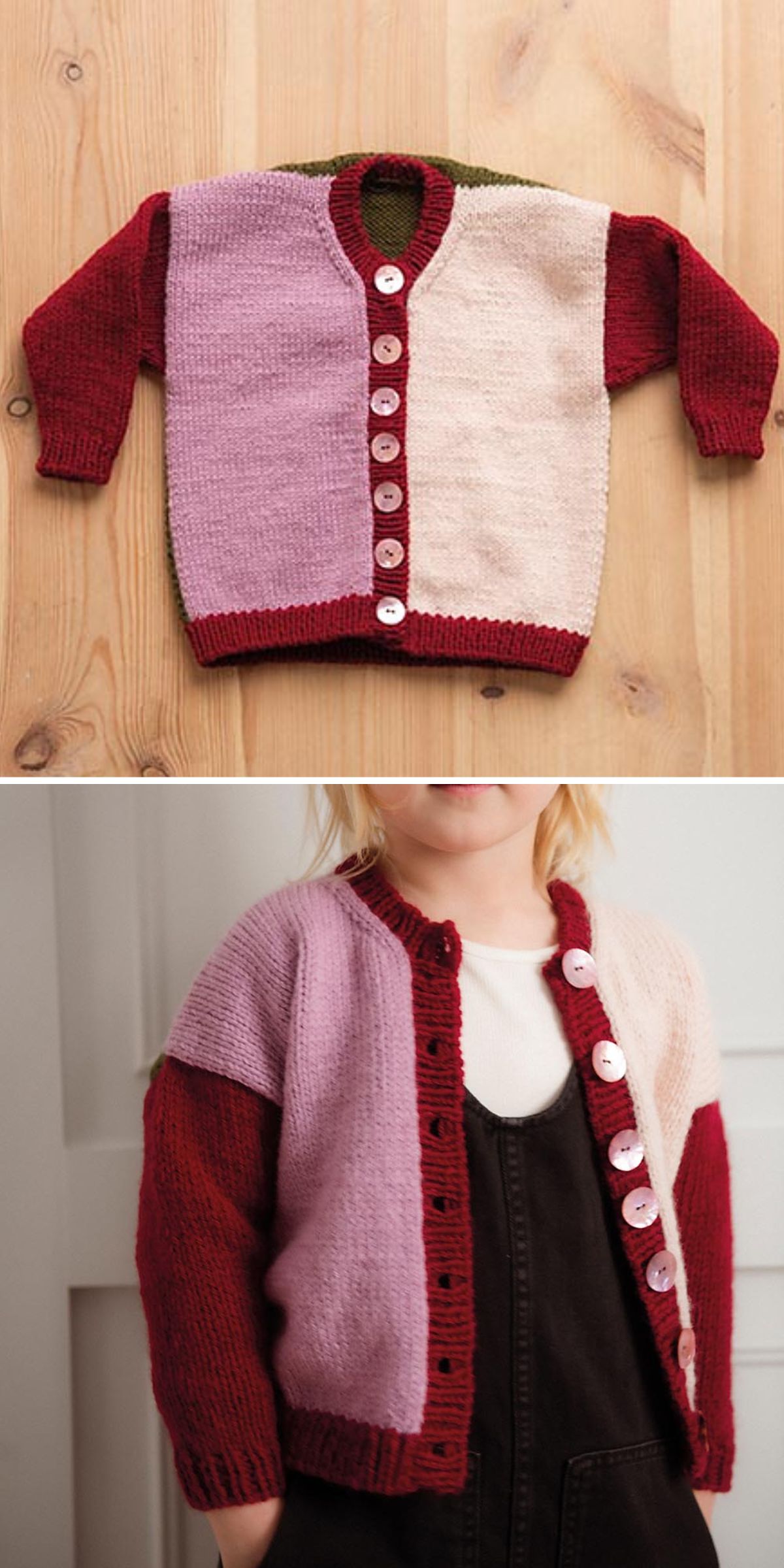 A color-blocked knitted cardigan with red sleeves, purple and beige front panels, white buttons, shown laid flat and worn by a child.