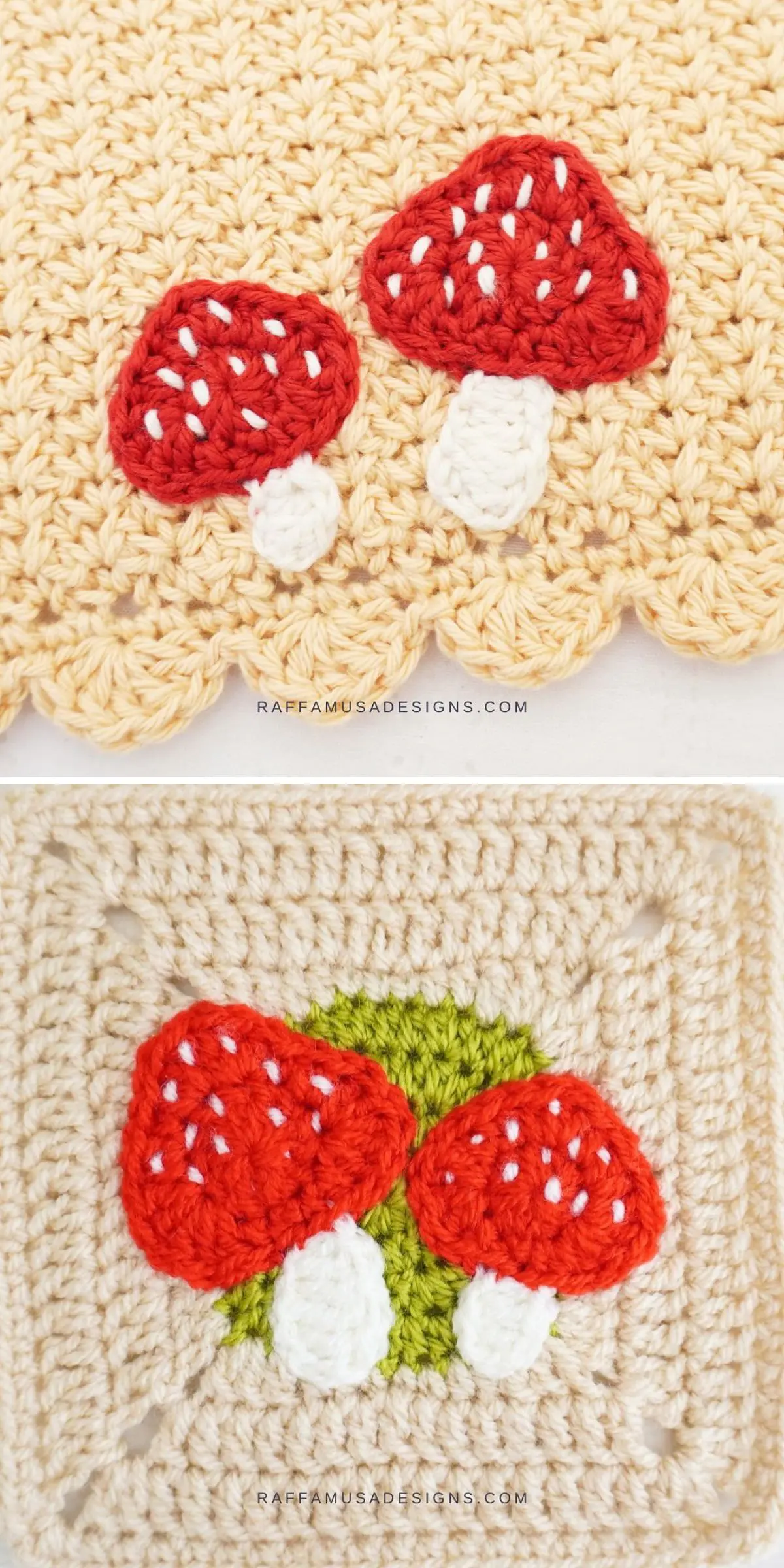 Two delightful crochet mushroom designs feature red caps with white stems on a beige background. One boasts a charming scalloped edge, while the other nestles on a serene green patch.