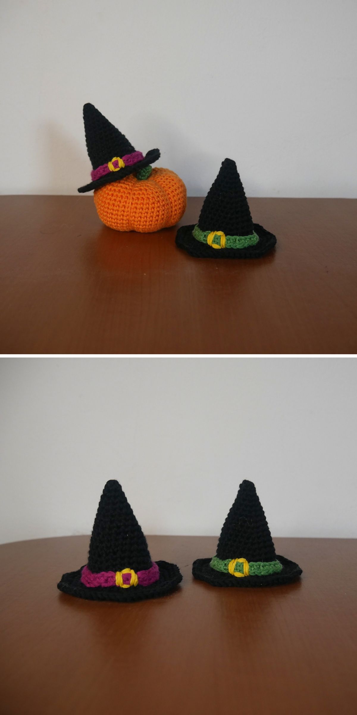 Crocheted witch hats, perfect for adding a touch of whimsy, adorn an orange pumpkin while others sit charmingly on a wooden surface. Perfectly sized, these hats could double as enchanting accessories for crochet doll clothes enthusiasts.