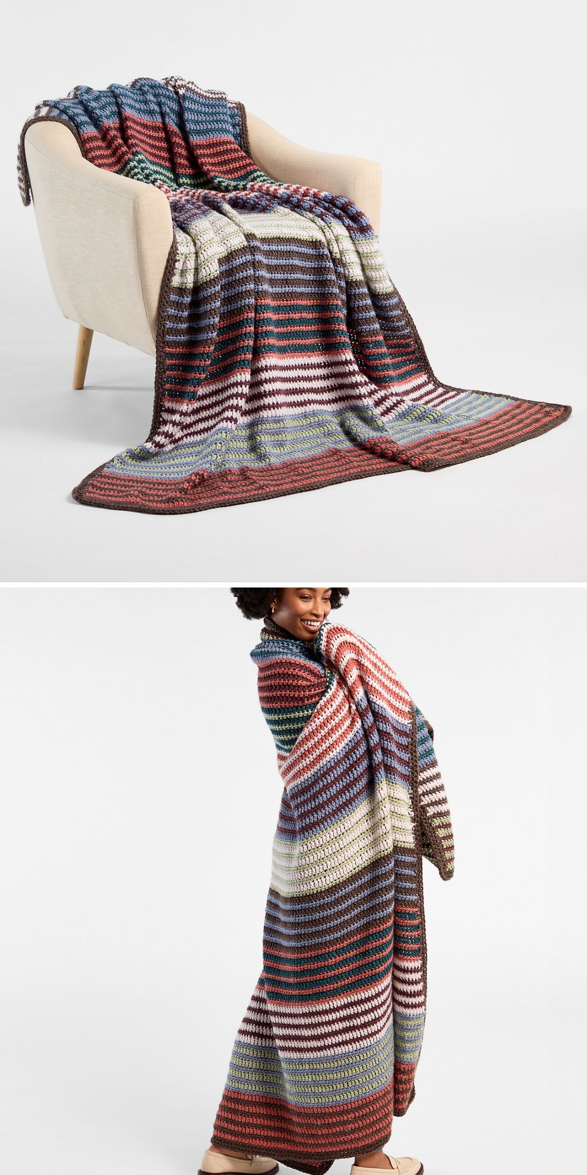 A multicolored striped crochet afghan blanket draped over a beige armchair in the first image and wrapped around a person in the second image.