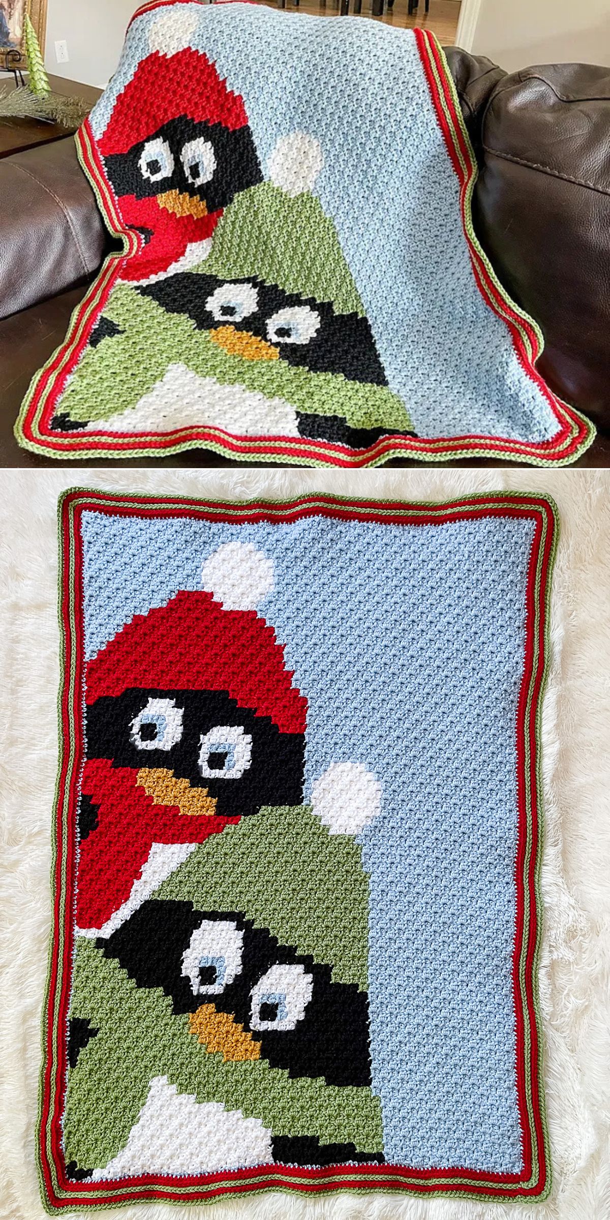 A crocheted blanket featuring two cartoon birds in winter hats, one red and one green, on a blue background with a striped border — perfect for fans of crochet blankets and cozy, whimsical designs.