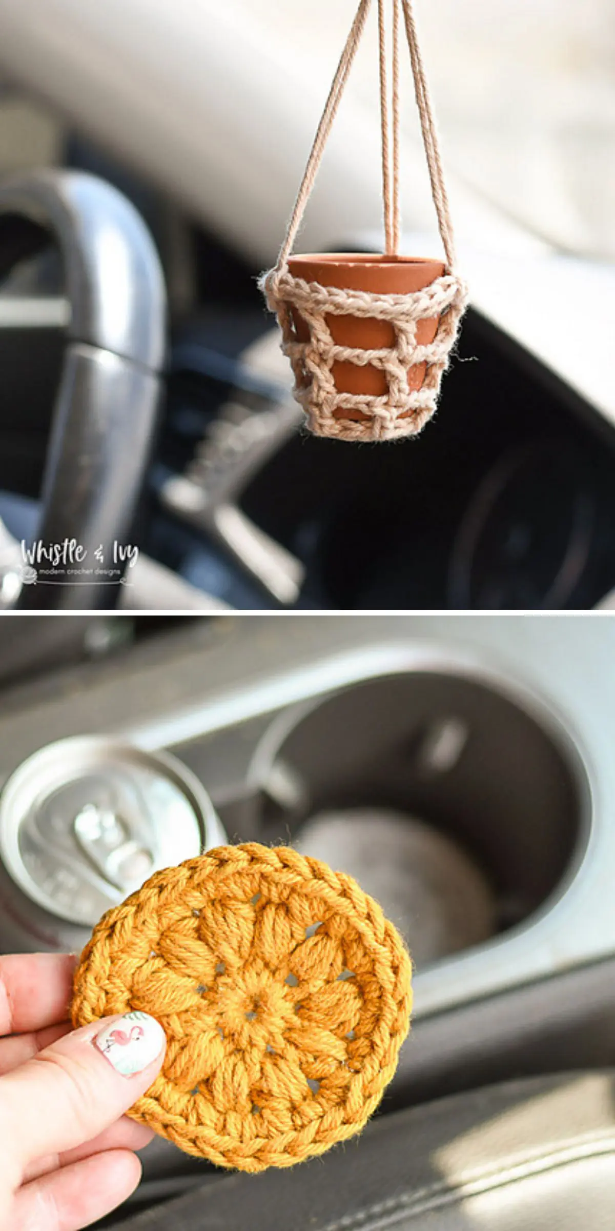 A small crocheted plant holder, crafted from charming crochet cozy patterns, hangs in a car; below, a hand holds a yellow crocheted coaster beside a car cup holder.