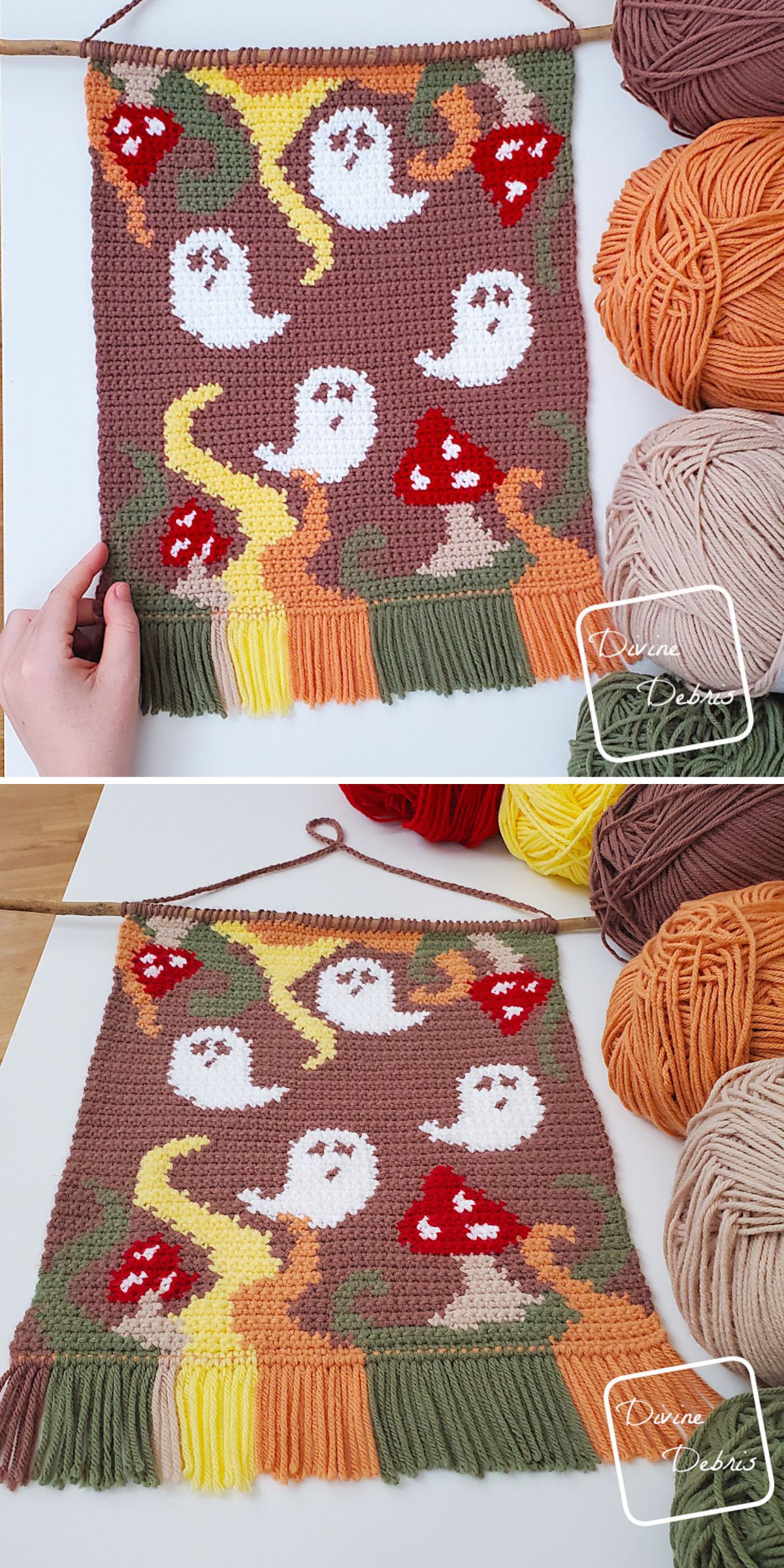 This crochet wall hanging features whimsical ghost and mushroom designs, elegantly bordered by fringe. Yarn balls in various colors are artfully displayed above and beside, adding to its charming allure.