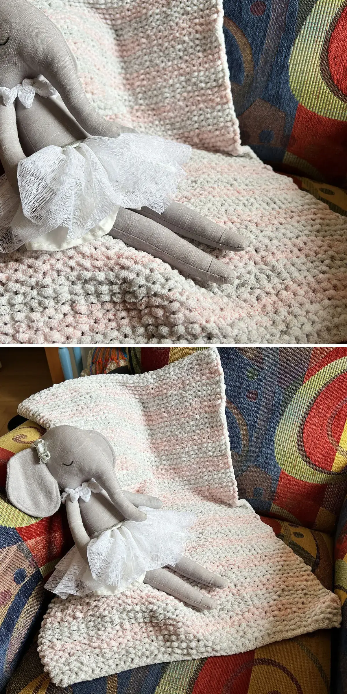 A plush elephant in a white tutu sits on a meticulously crafted knitted blanket, draped over a colorful patterned chair.
