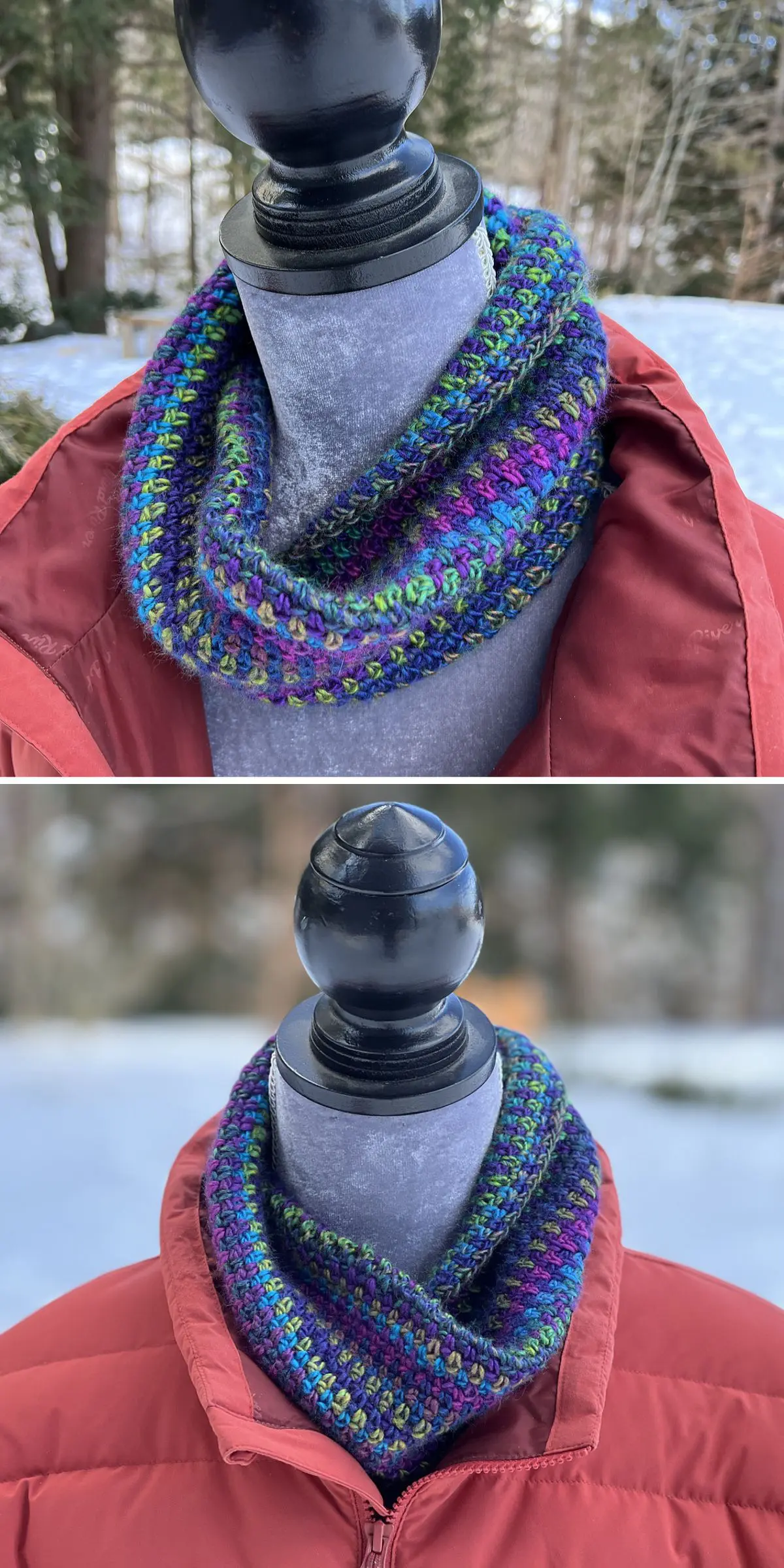 A mannequin showcases a colorful crochet cowl, featuring shades of purple, blue, and green, over a red jacket in an outdoor snowy setting.