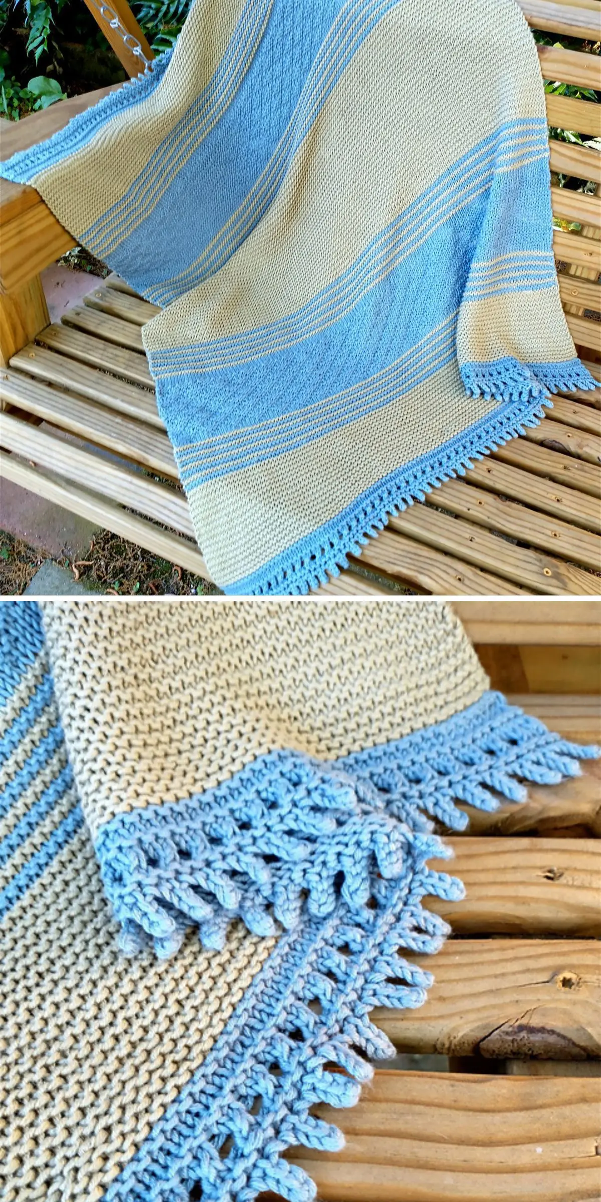 A cozy knitted blanket in blue and beige, featuring fringed edges, is elegantly draped over a wooden bench.