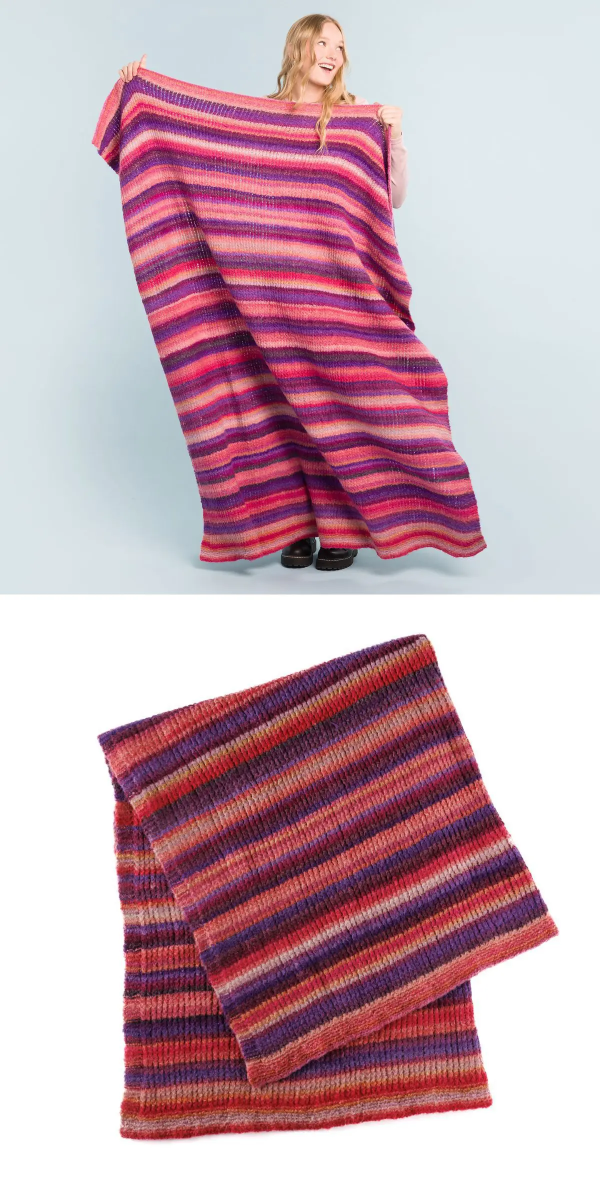 A person holds a large, cozy knitted blanket in vibrant shades of pink, purple, and red, with a folded view showcased beneath.