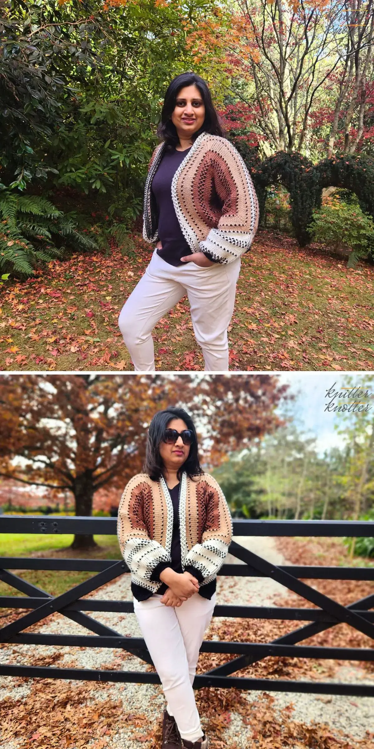 A person in sunglasses wearing a warm crochet cardigan and white pants stands in a garden with autumn leaves near a black fence.