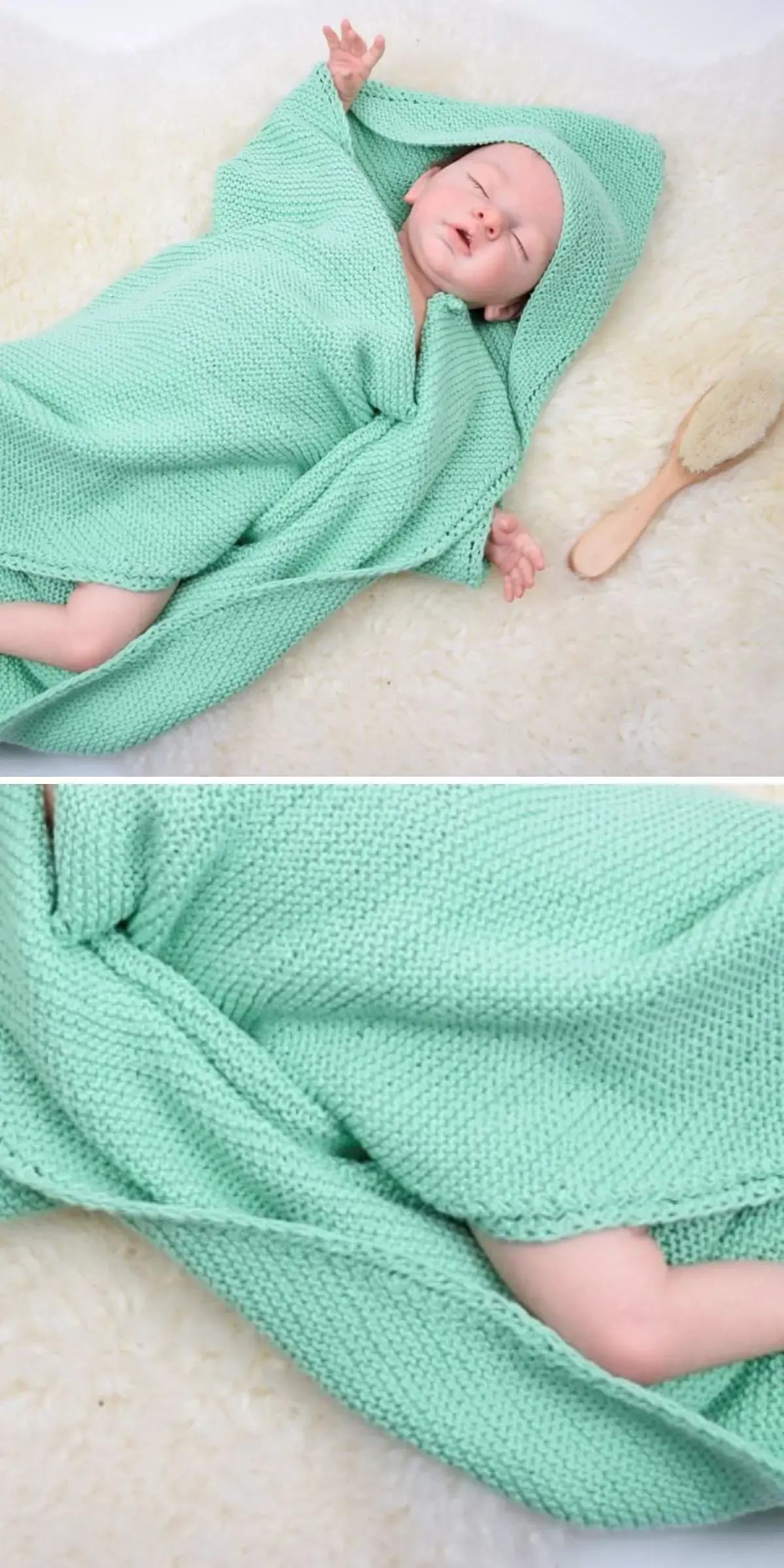 A sleeping baby wrapped in a cozy knitted mint green blanket lies on a soft, fuzzy surface with a wooden hairbrush nearby.