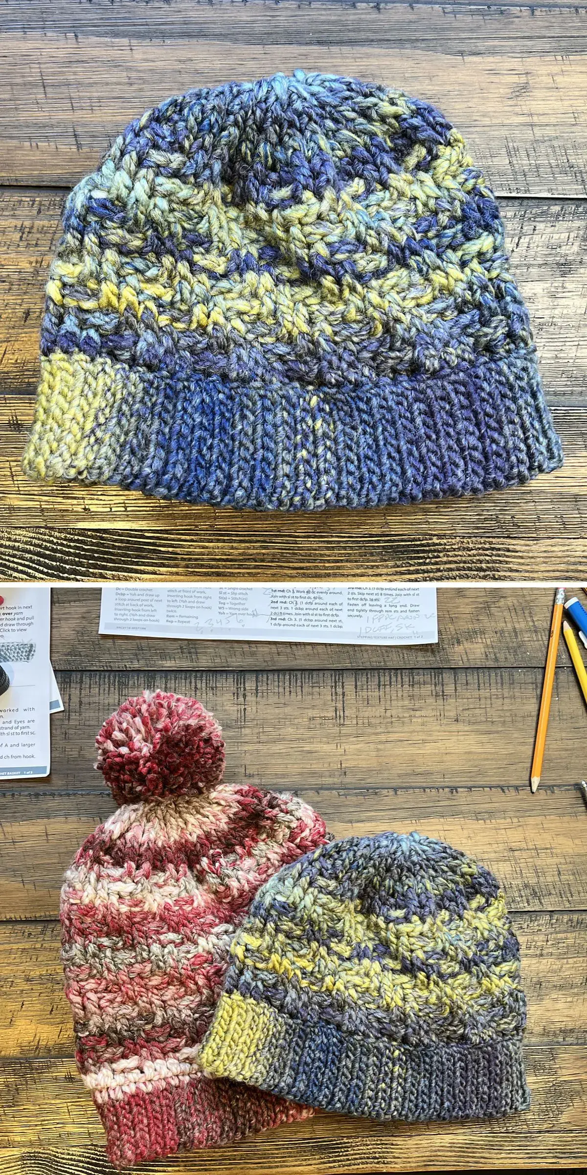 Three crochet hats in various colors and patterns.