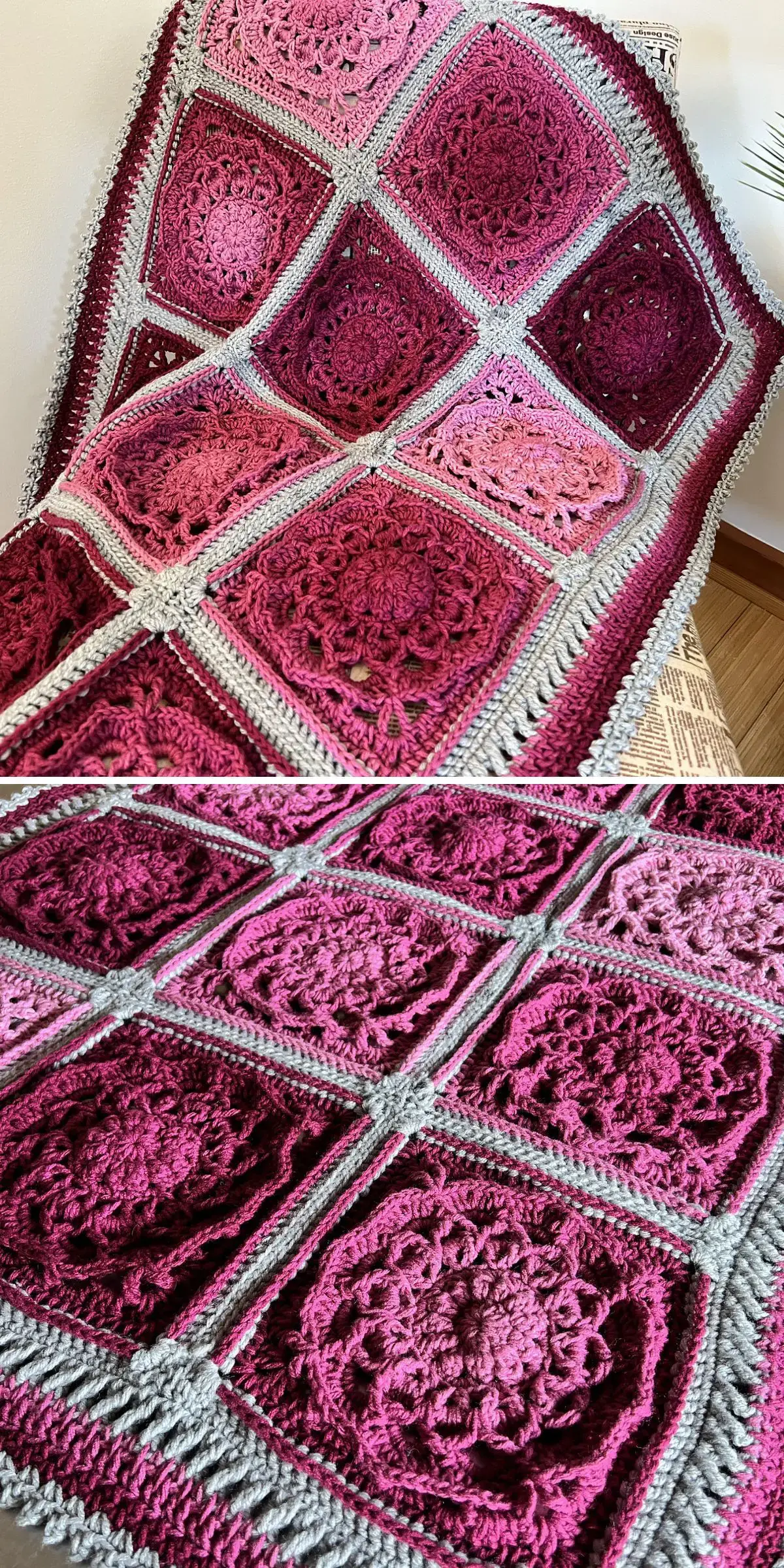 A crocheted granny square blanket with intricate patterns in shades of pink and gray draped over a chair.