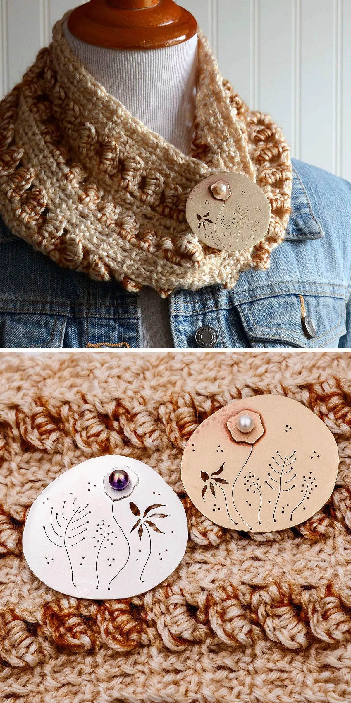 A crochet cowl in beige and brown complements the floral-patterned brooch, stylishly placed on a mannequin wearing a denim jacket. The close-up reveals intricate brooch designs.