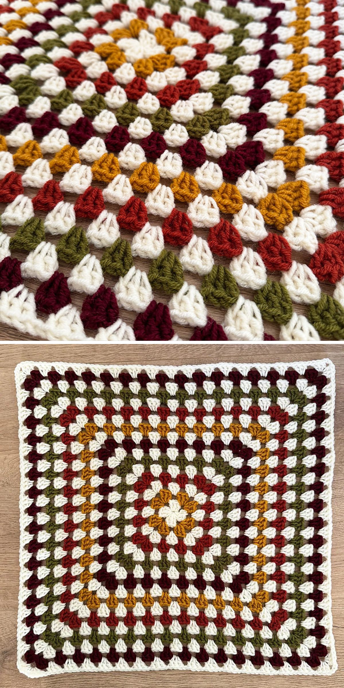 A close-up and full view of a multicolored crochet granny square blanket, crafted in the timeless crochet afghans style, featuring white, green, gold, orange, and burgundy yarn.