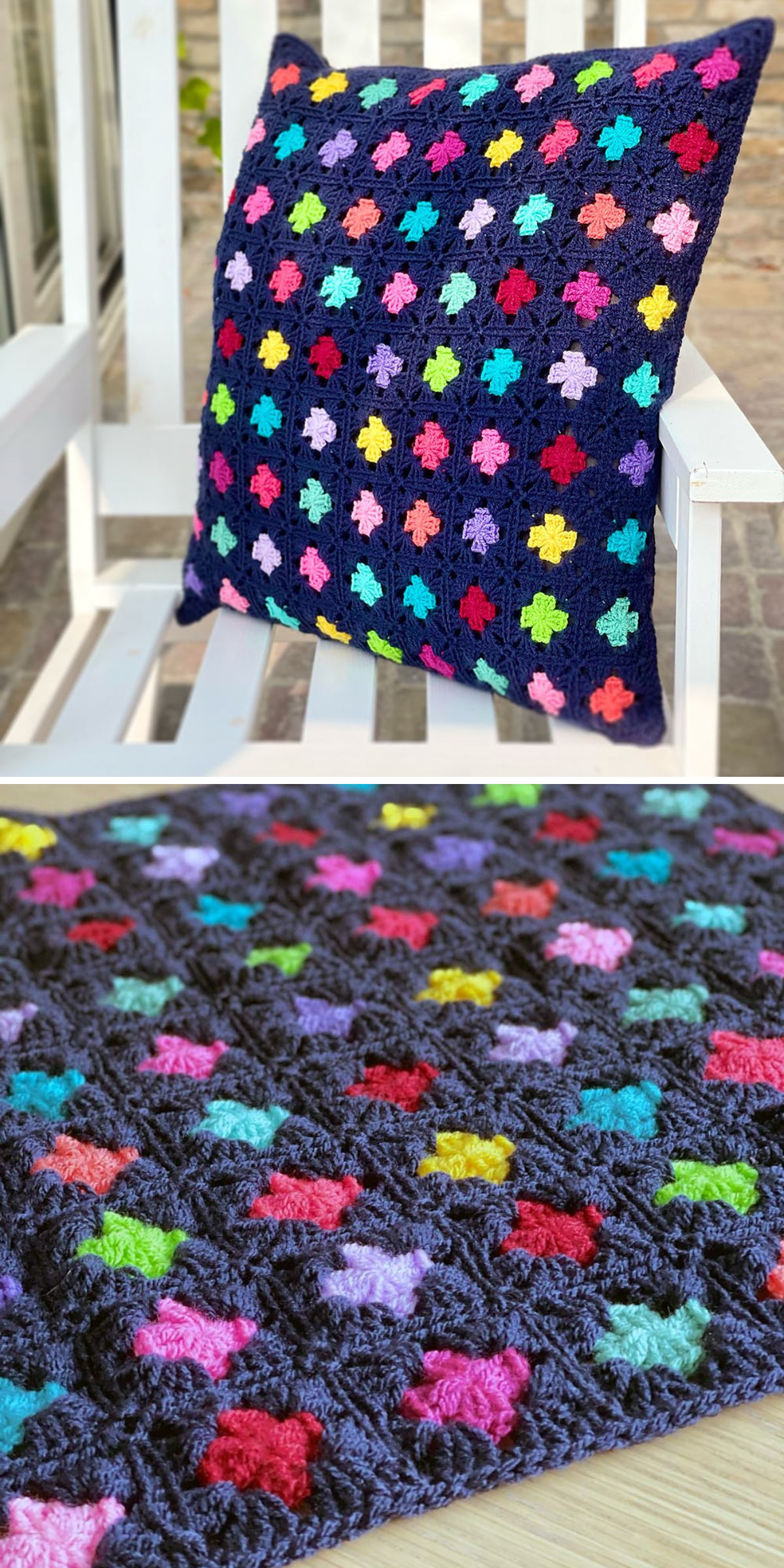 A crocheted pillow and blanket with colorful cross patterns on a dark background complement a geometric design, elegantly displayed on a white chair.