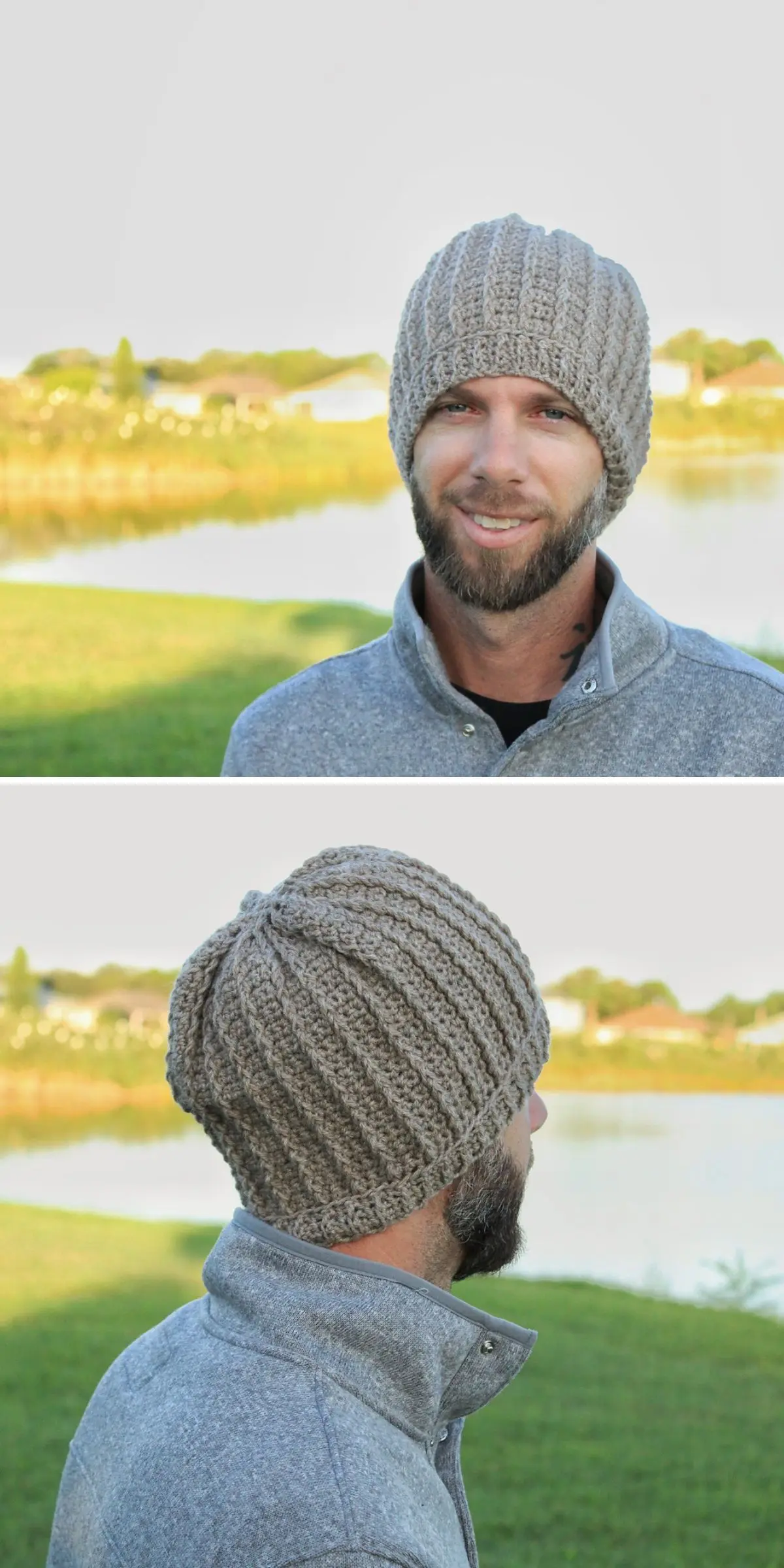 A man wearing a gray crochet hat and sweater stands by a lake. The top image shows him facing the camera, while the bottom image captures a side view, subtly revealing the intricate detail reminiscent of a men's crochet hat pattern.