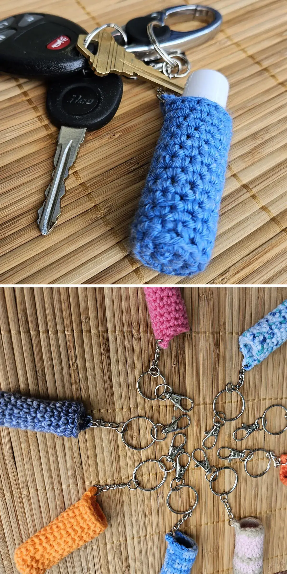 Close-up of a keychain featuring a crocheted blue lip balm holder. The second image showcases an array of colorful crochet cozy patterns, with holders arranged in a circle on a woven surface.