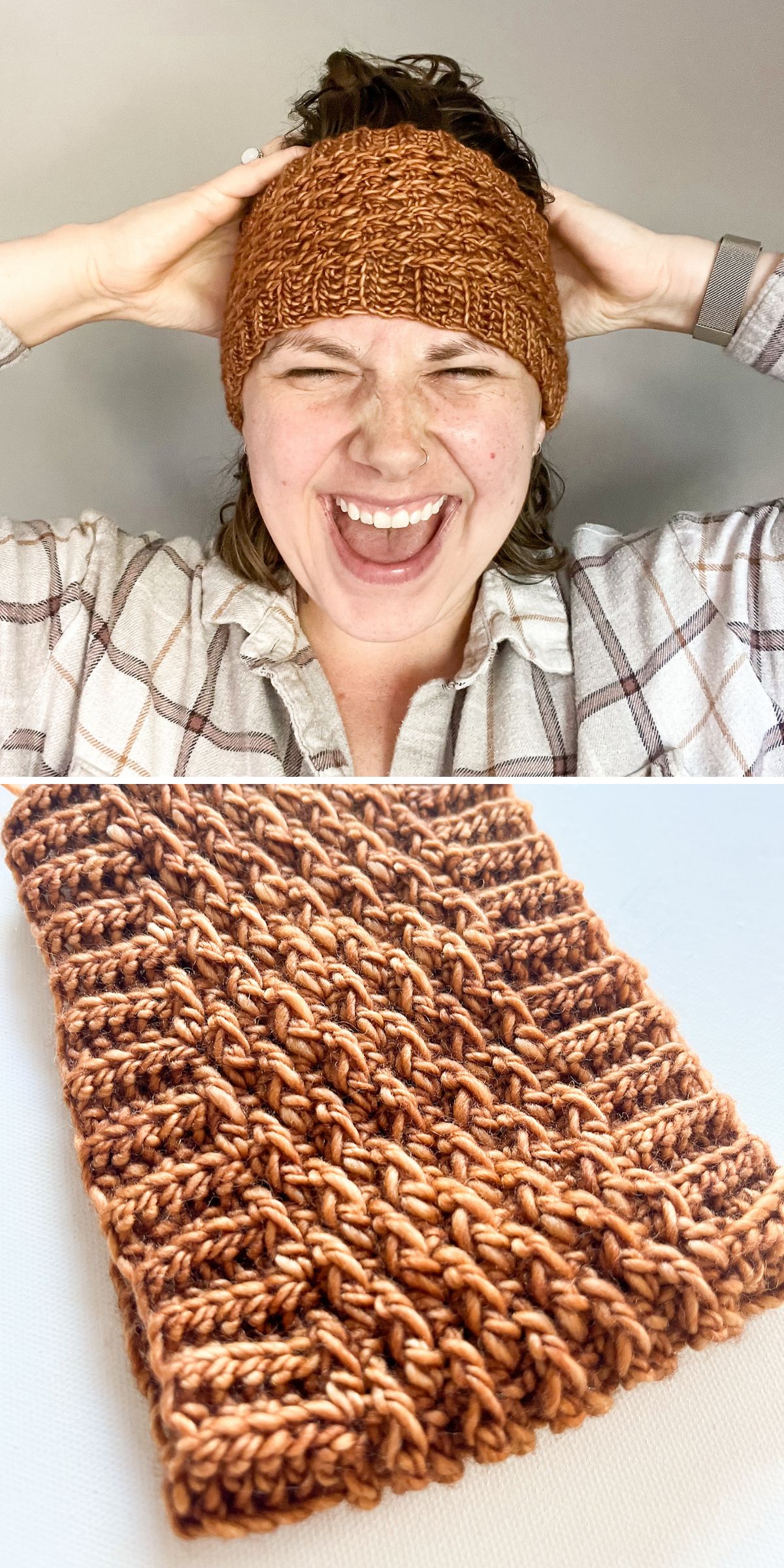 A person wearing a brown crochet headband smiles broadly. Below, a close-up view of the headband showcases its textured pattern.