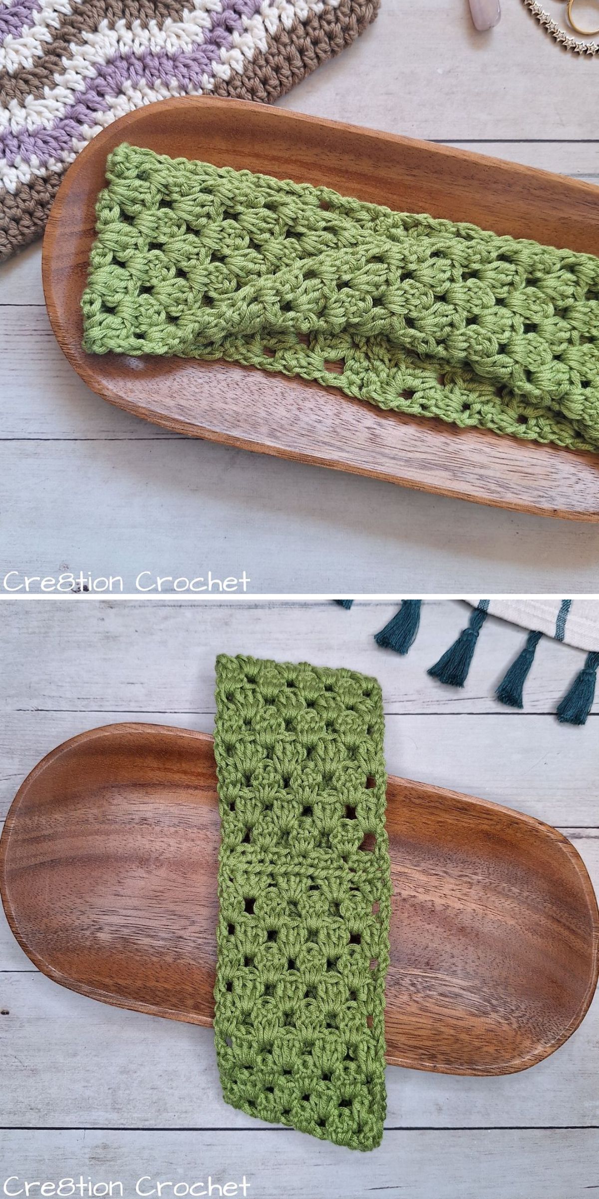 Two images of green crochet headbands displayed in a wooden tray on a light-colored surface.
