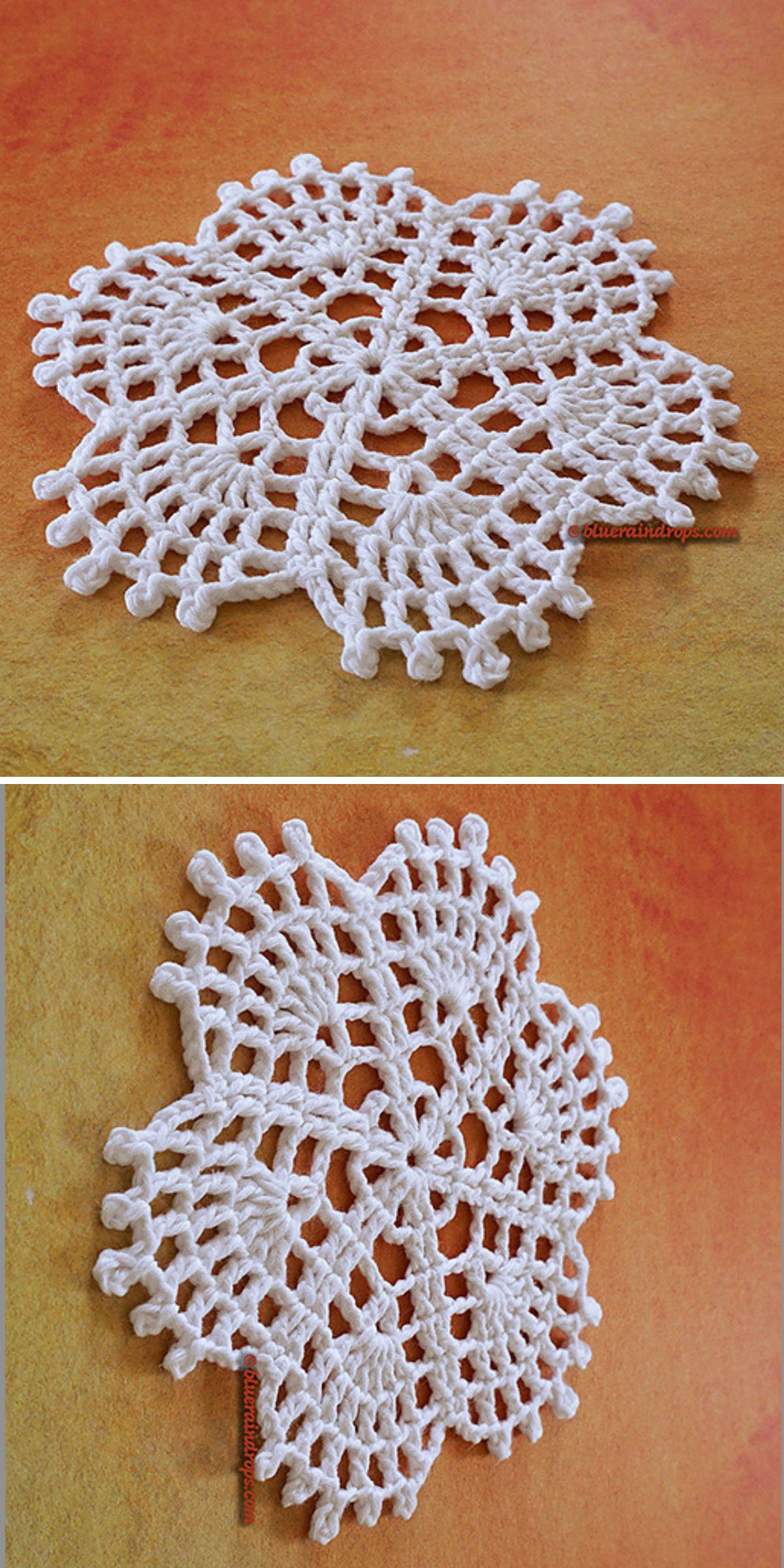 Two views of an intricate white crochet doily with a star-like pattern, artfully displayed on an orange surface.