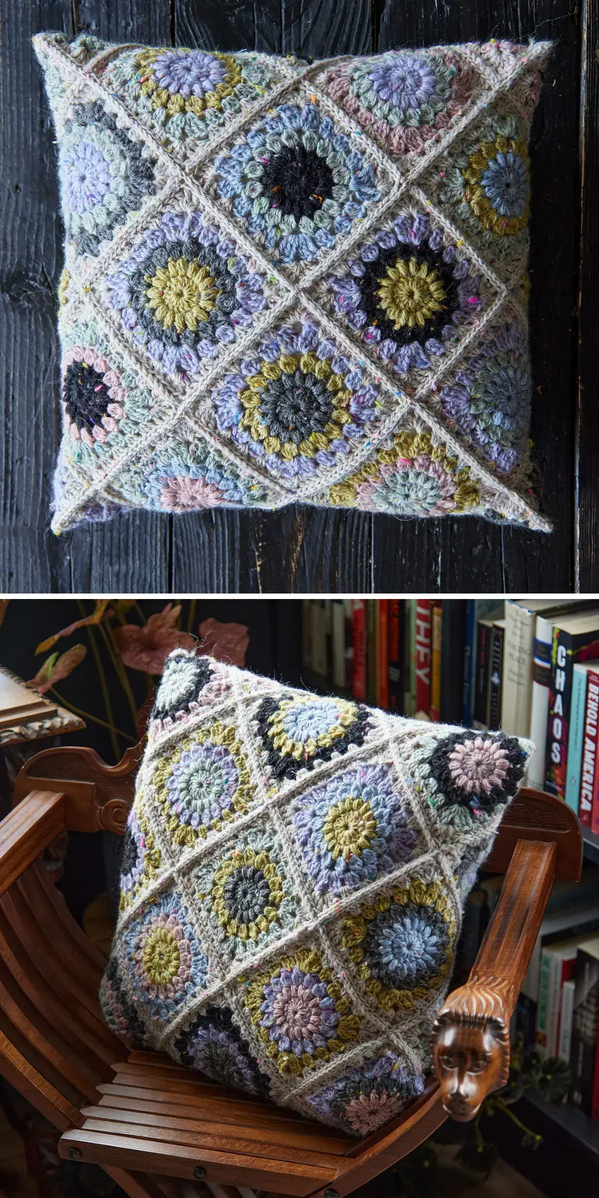 A vibrant geometric crochet pillow adorns the wooden chair, creating a focal point. In the background, bookshelves add a touch of character.