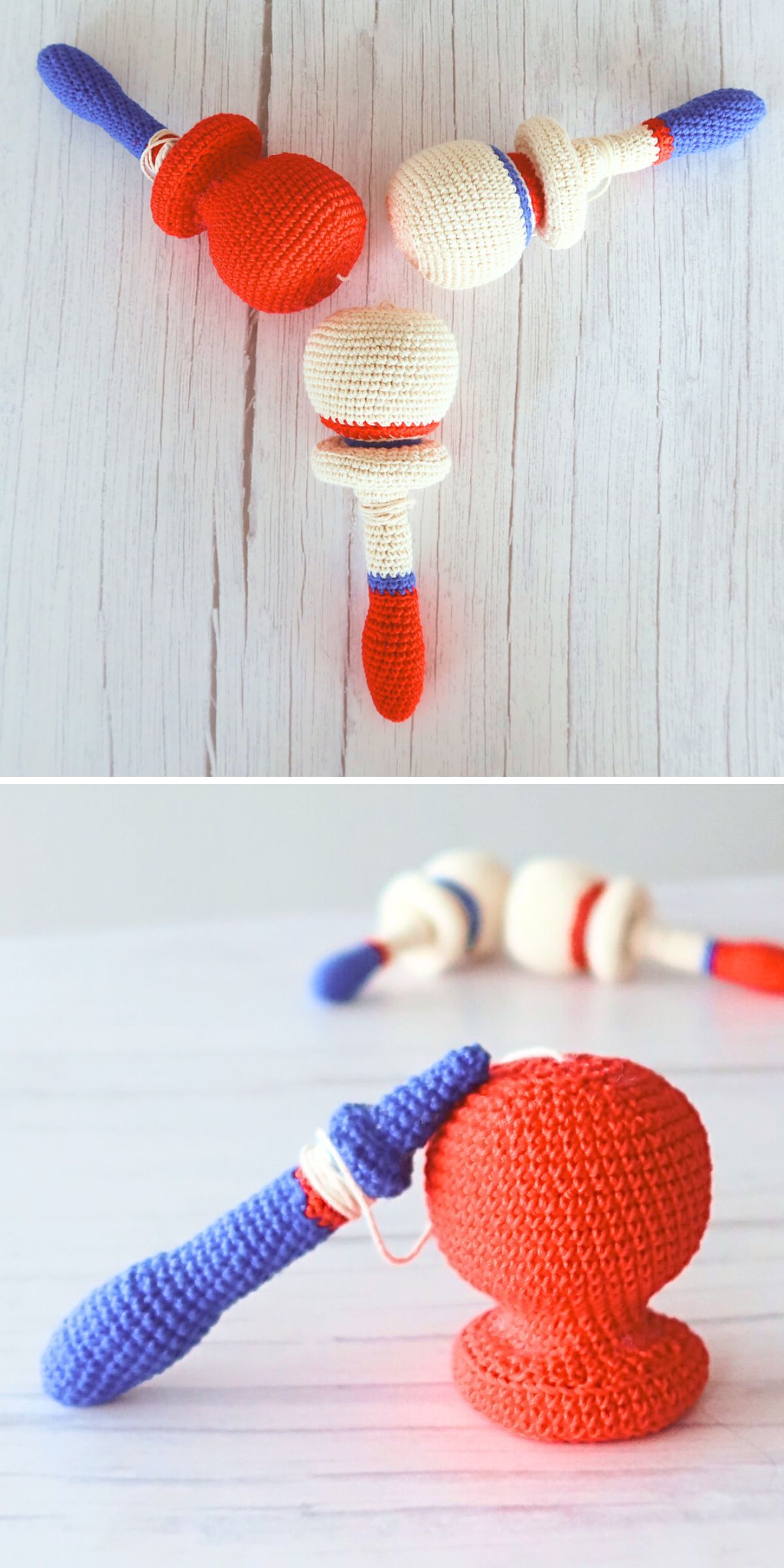 Crocheted baby toys in vibrant red, white, and blue rest on a light wooden surface. Two are arranged in a V shape while another lies horizontally in the foreground, creating a charming display.