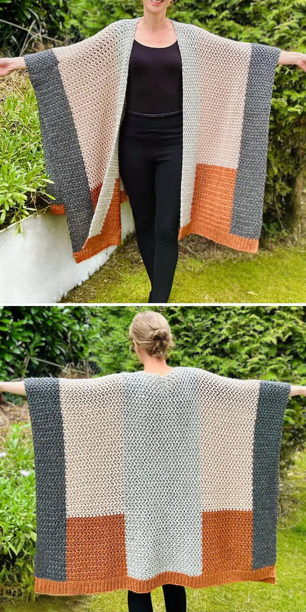 A person stands outdoors, wrapped in a vibrant, multi-colored knitted cardigan with gray, beige, and orange patches. The cozy apparel resembles intricate crochet wraps, adding a touch of artistry to the ensemble.