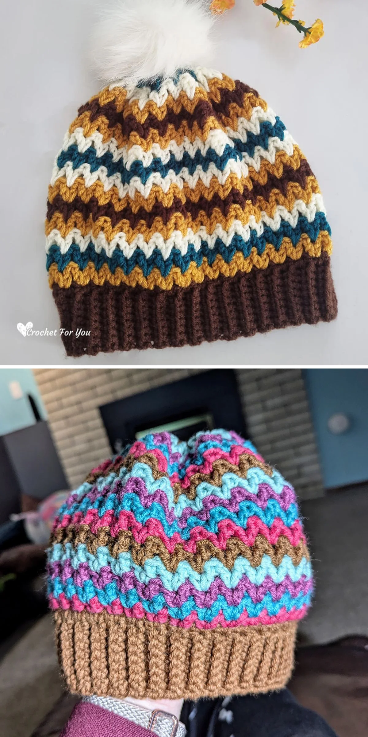 Two cozy crochet beanies feature charming zigzag patterns. The first boasts brown, white, mustard, and blue stripes, while the second showcases a delightful mix of pink, blue, brown, and teal stripes.