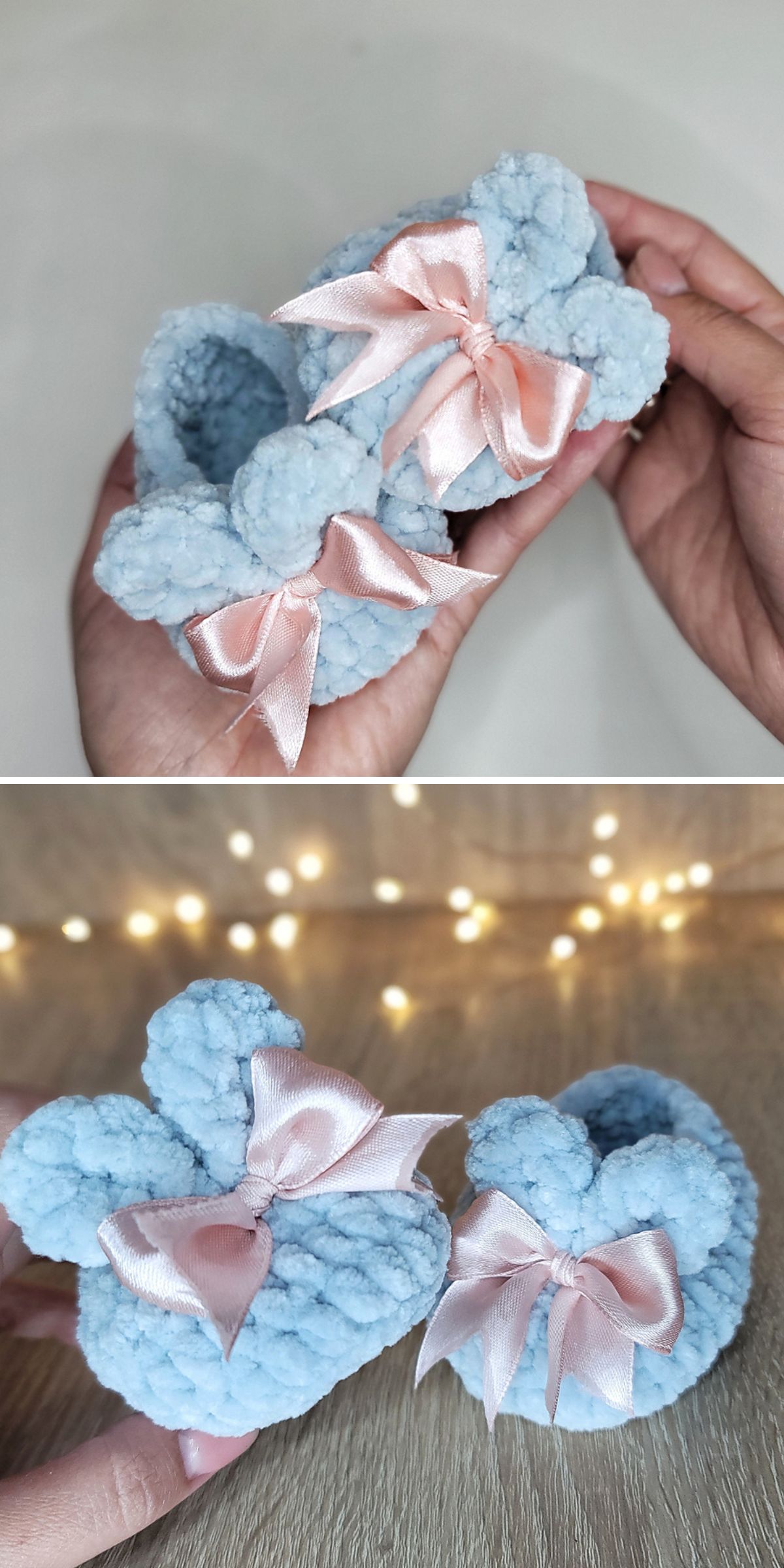 Two images showcase a delightful pair of crochet baby booties, their blue fluffiness enhanced by charming pink bows.