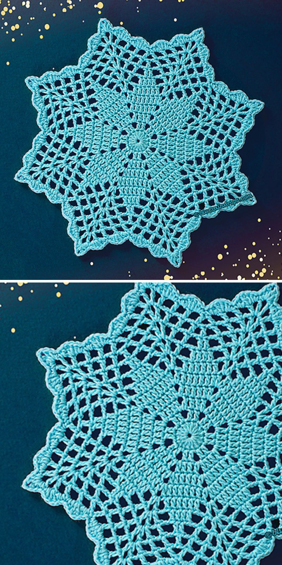 A beautifully crafted blue doily, featuring an intricate star pattern, rests elegantly on a dark surface.