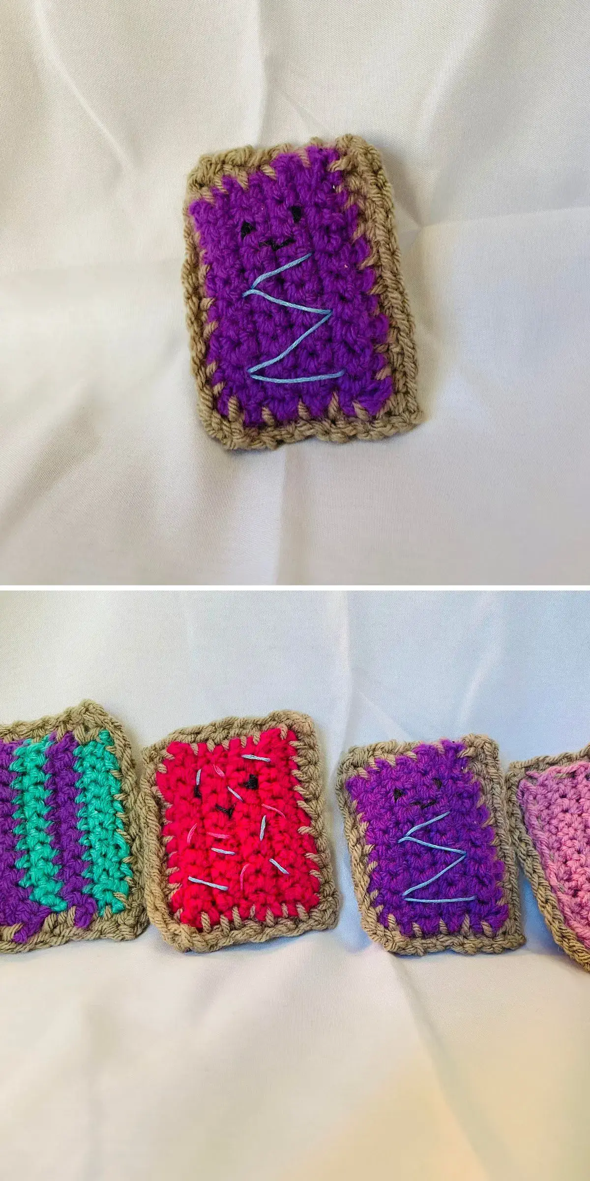 Crocheted squares in vibrant colors with white zigzag stitches are artfully displayed on a white surface, resembling a delightful crochet feast for the eyes.