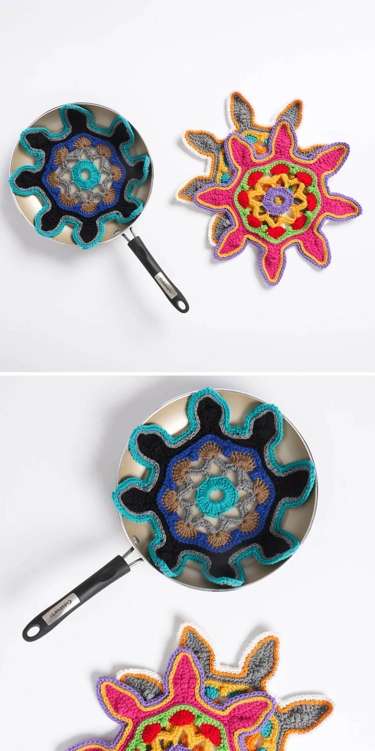 Colorful crochet flowers, showcasing intricate cozy patterns, are displayed inside and beside a frying pan on a white surface.