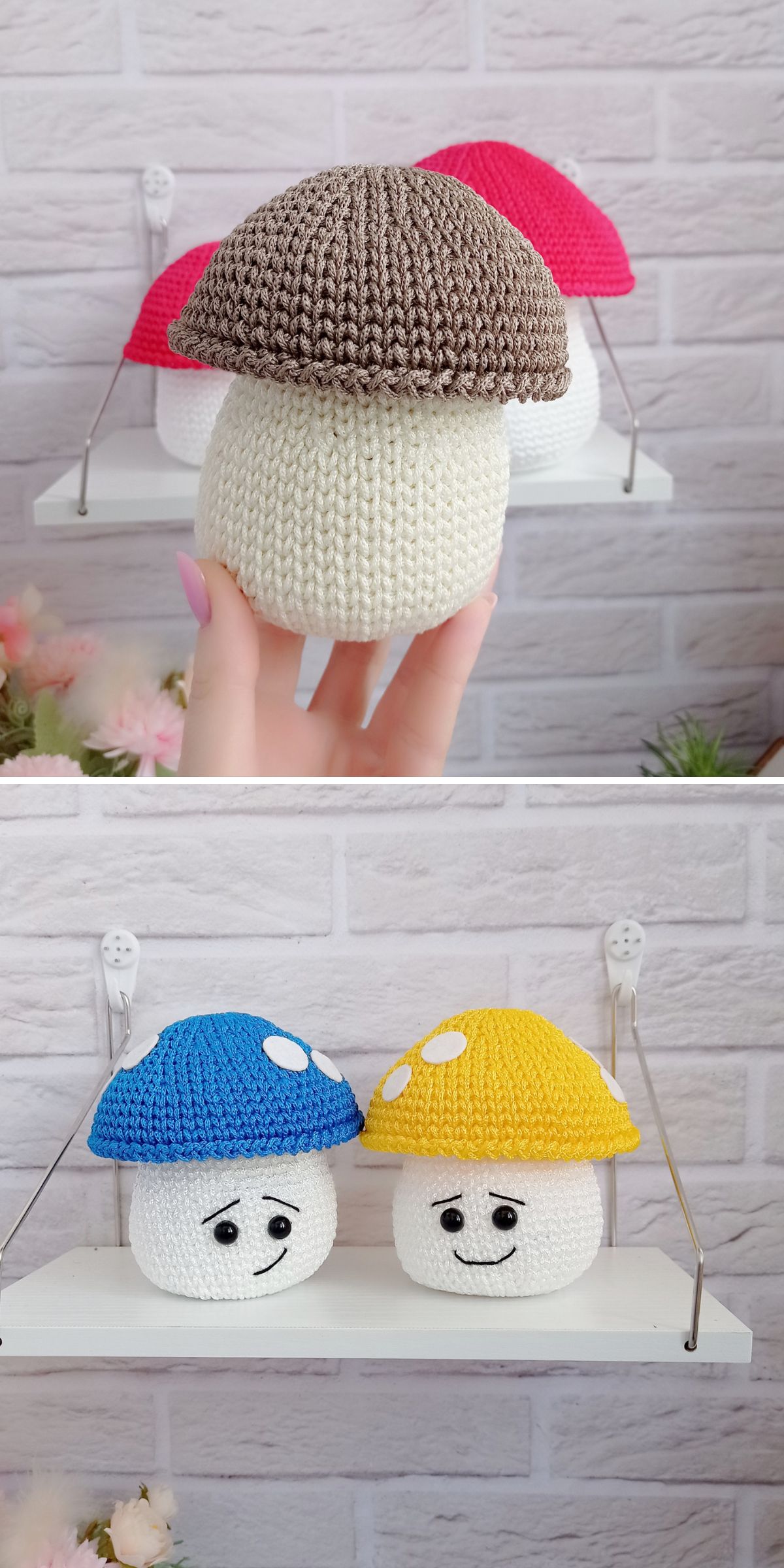 a crochet mushroom-shaped basket