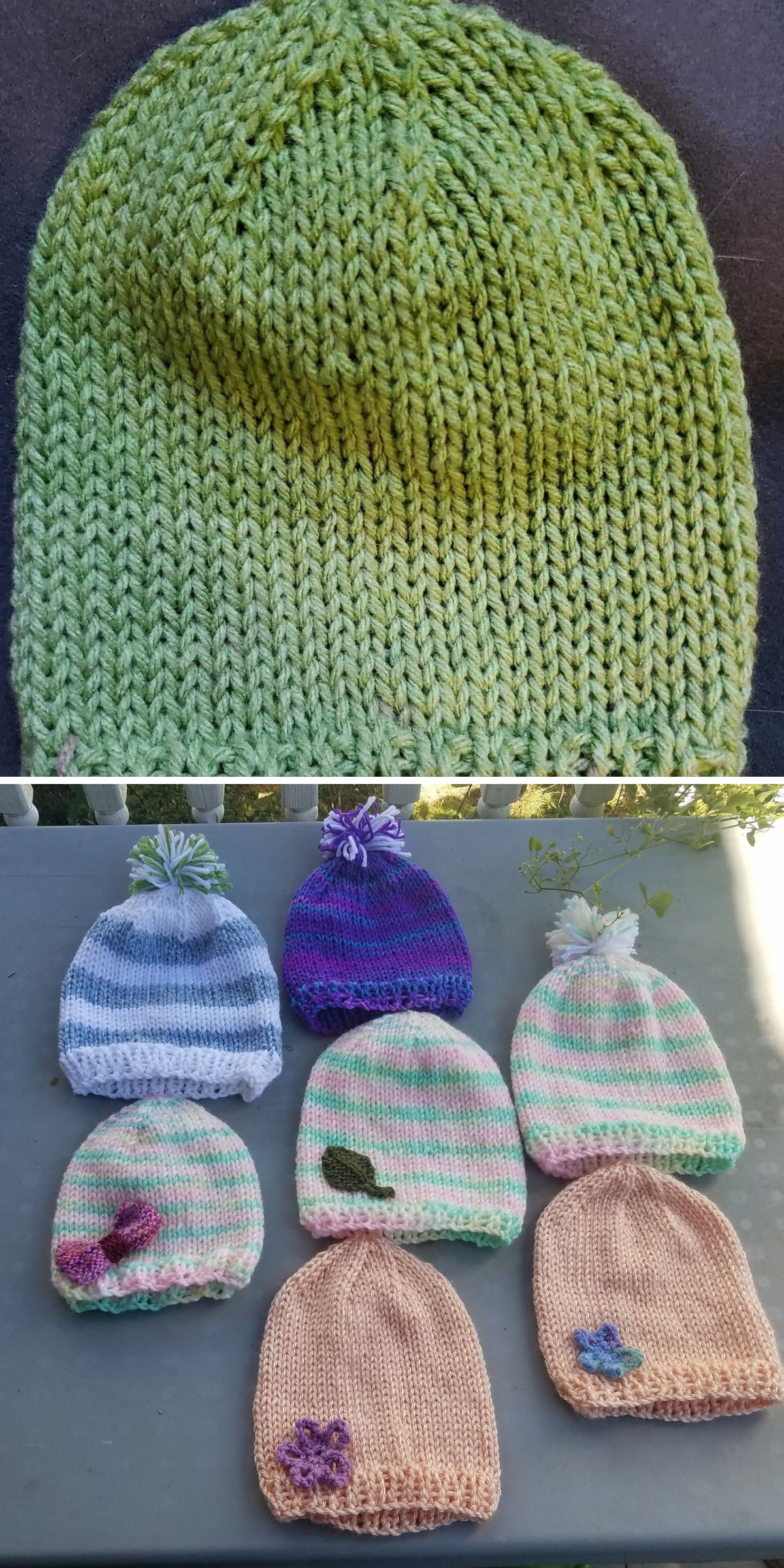Top: A single green hat showcasing intricate knitted craftsmanship. Bottom: Six vibrant knitted hats in various colors and patterns, some adorned with pom-poms or small flower accents, artfully displayed on a gray surface.
