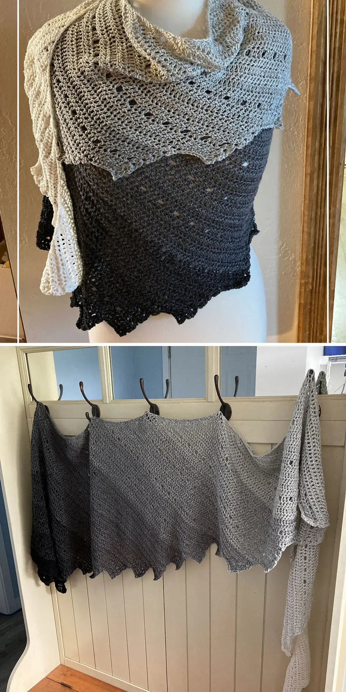 Displayed on a mannequin and elegantly hung on hooks, this stunning piece features a gradient from white to dark gray, blending the timeless appeal of a knitted shawl with the cozy charm of a crochet cowl.