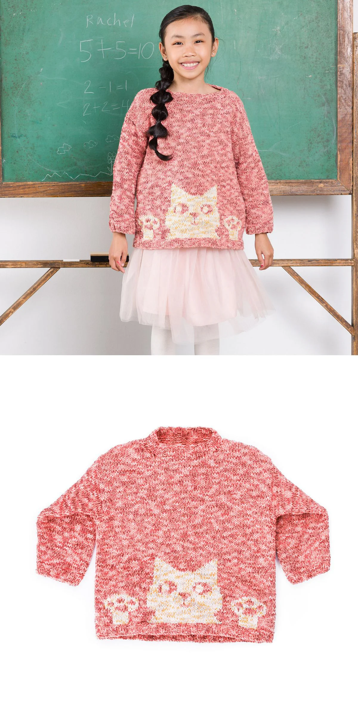 A child wearing a red knit sweater with a cat design stands in front of a chalkboard. The charming knitted baby sweater is displayed separately in the lower image.