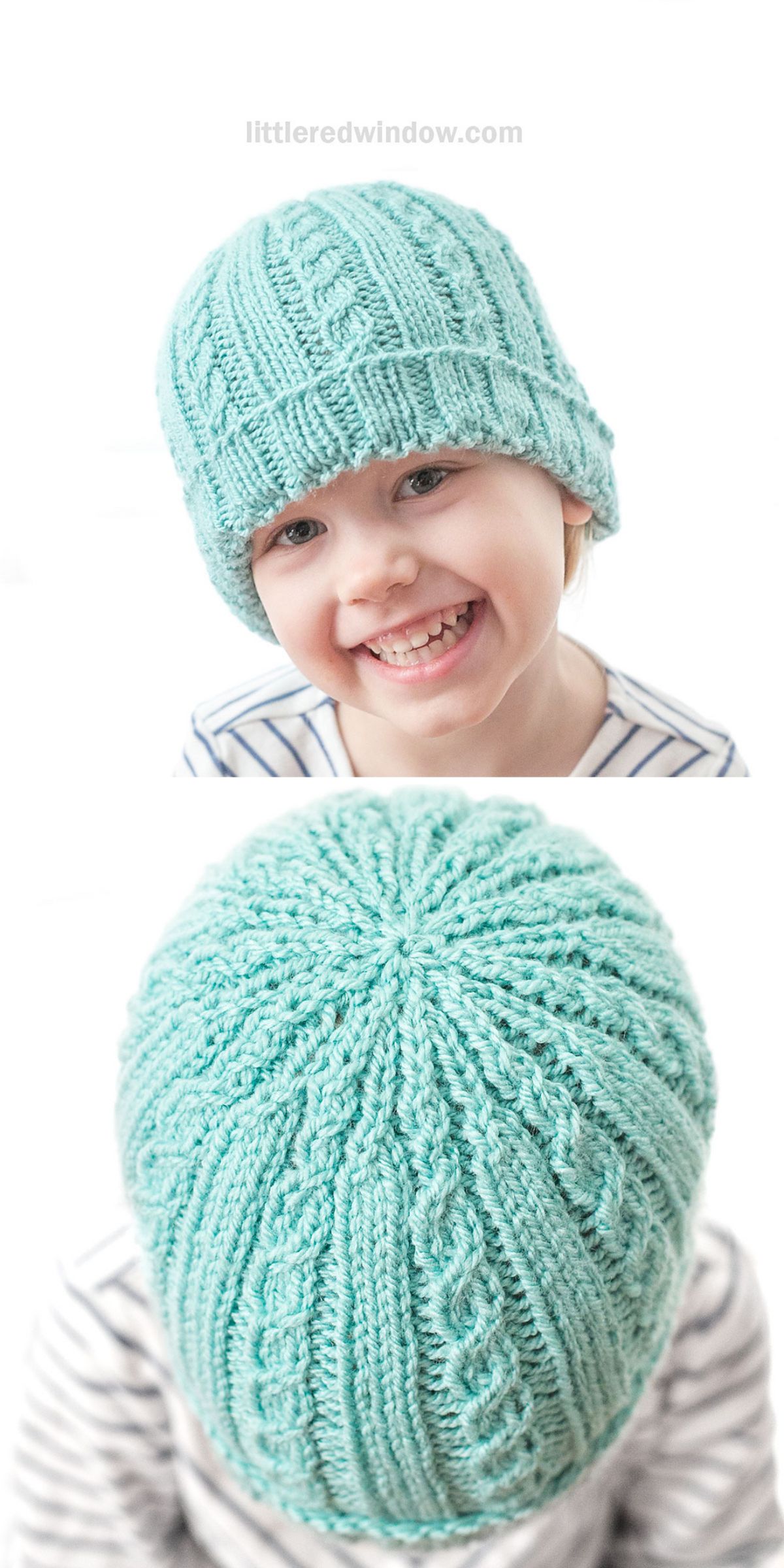 A young child beams at the camera, wearing one of those delightful knitted hats—a teal piece intricately designed with a charming cable pattern. The hat's craftsmanship is highlighted in both top and side views, showcasing its textured elegance.